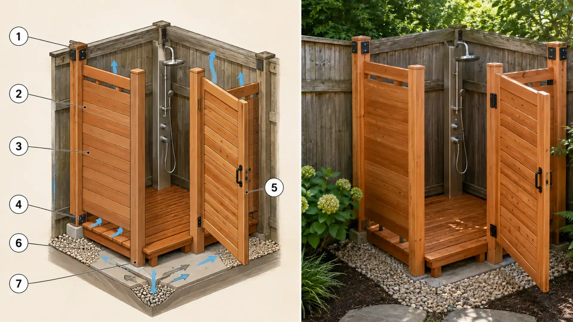 split view of a fence corner shower plan and realistic wooden enclosure