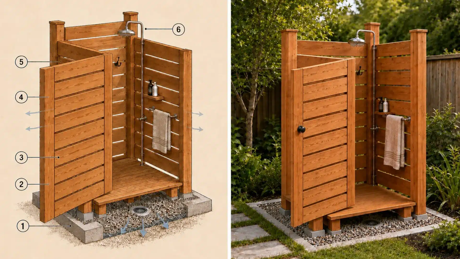 split view of a freestanding cedar shower plan and realistic garden installation
