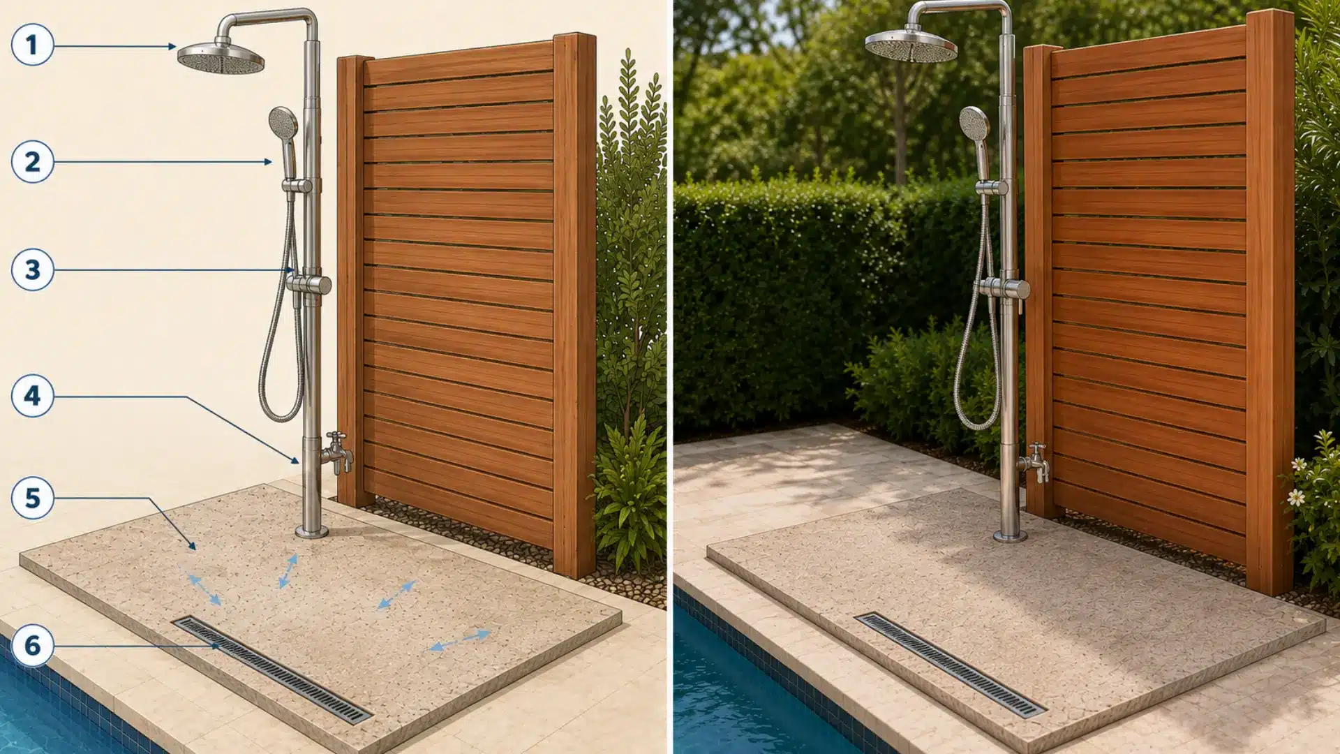 split view of a poolside shower plan and full-size installation with privacy panel