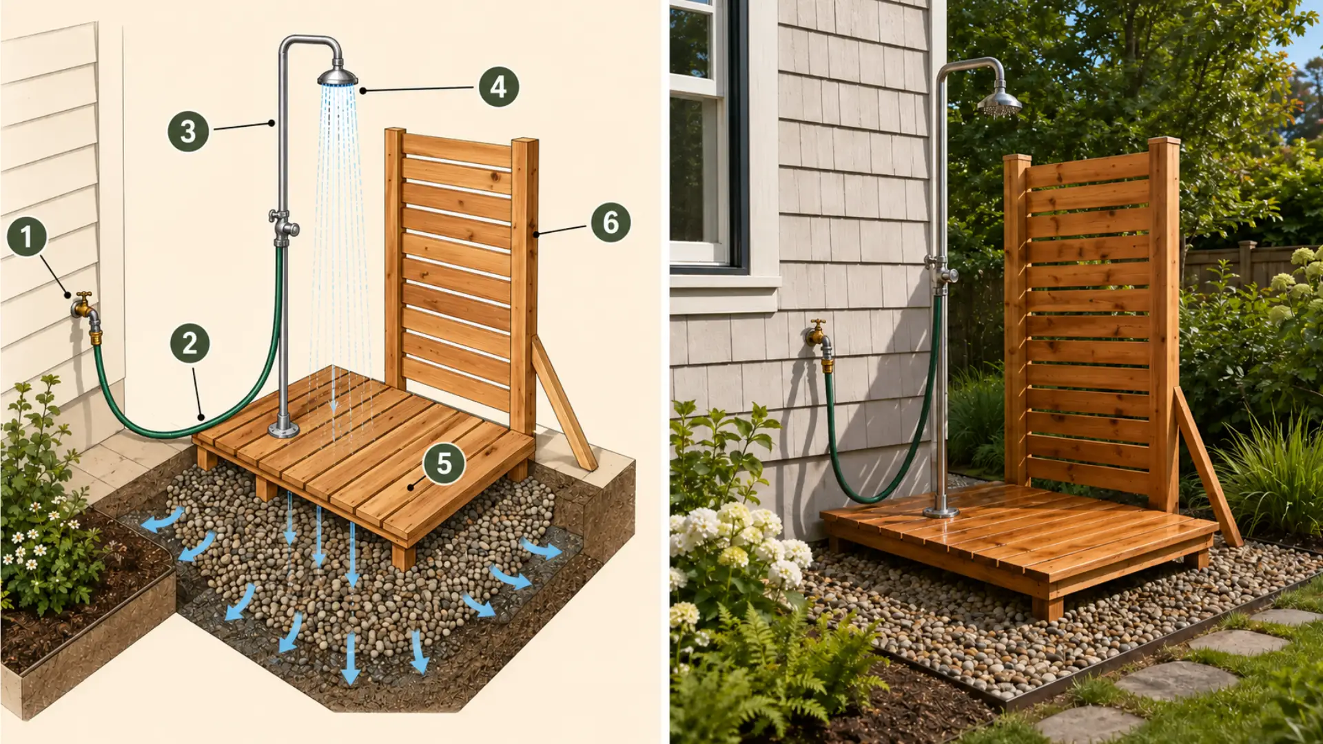split view of a simple garden hose shower plan and finished outdoor setup