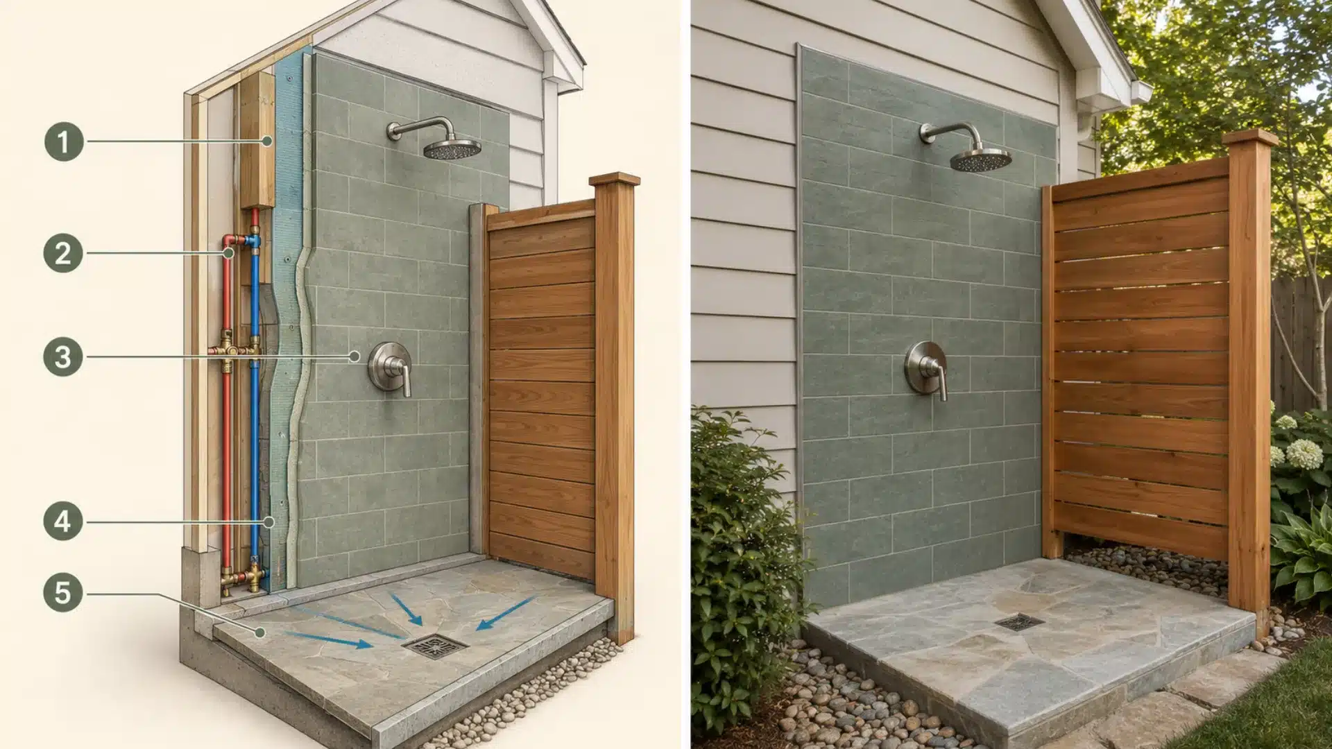 split view of a wall-mounted shower plan and finished outdoor enclosure