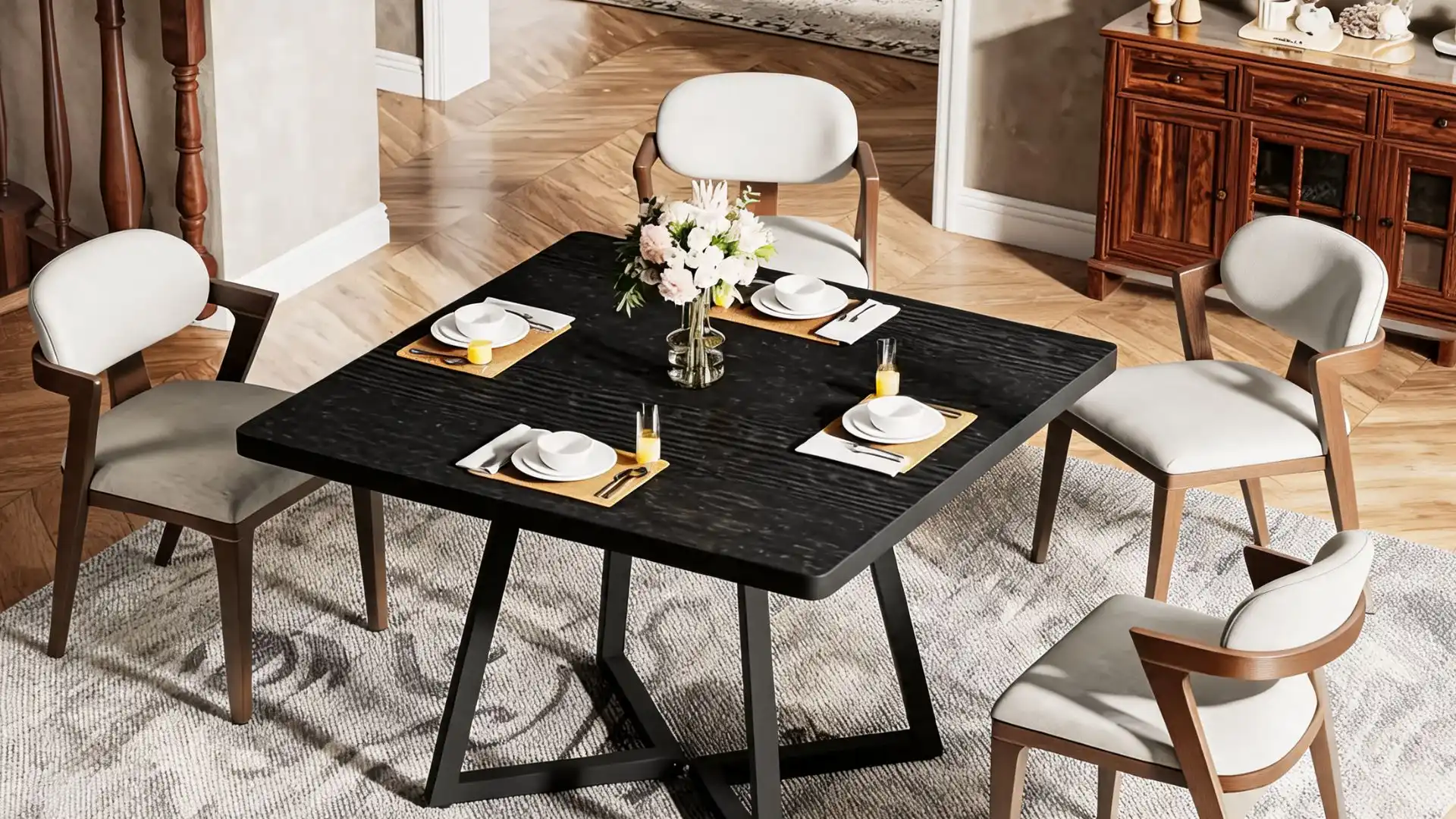 square black dining table with four place settings and a white floral centerpiece
