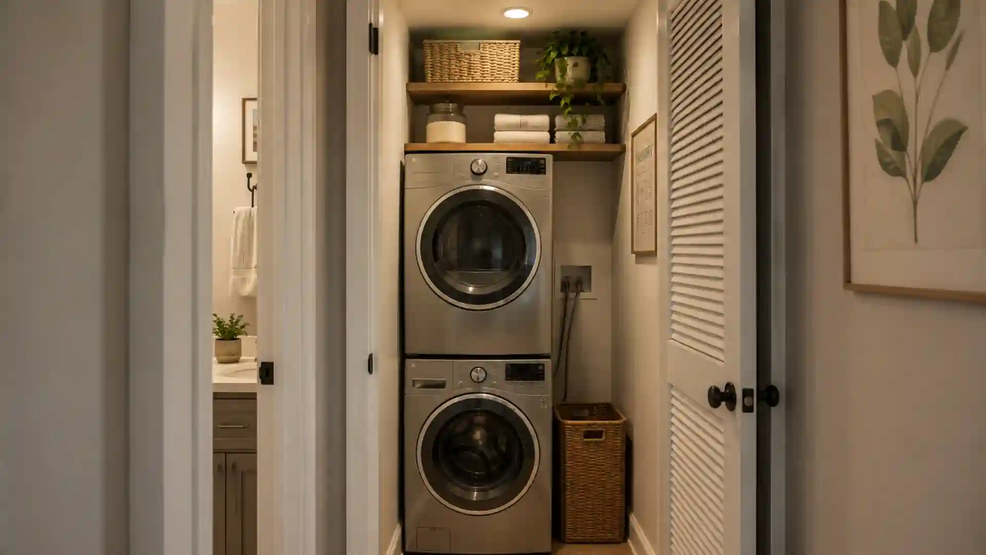 stacked washer and dryer tower tucked into a narrow closet nook with open wood shelving above