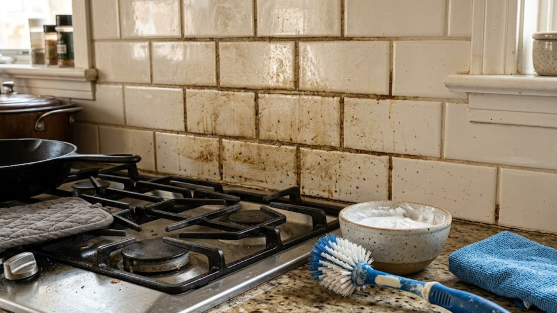 stained kitchen backsplash grout with baking soda paste scrub brush and cloth on counter