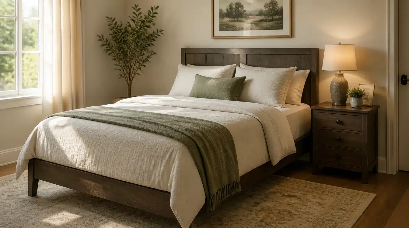 standard bed frame with medium height nightstand matching the mattress level in bedroom