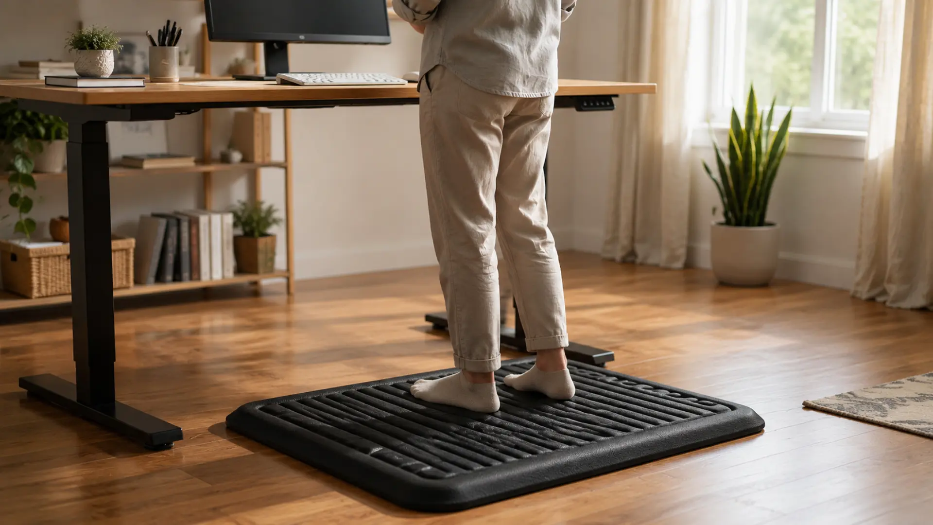 person standing on a black anti-fatigue mat at a standing desk in a bright modern home office with natural light