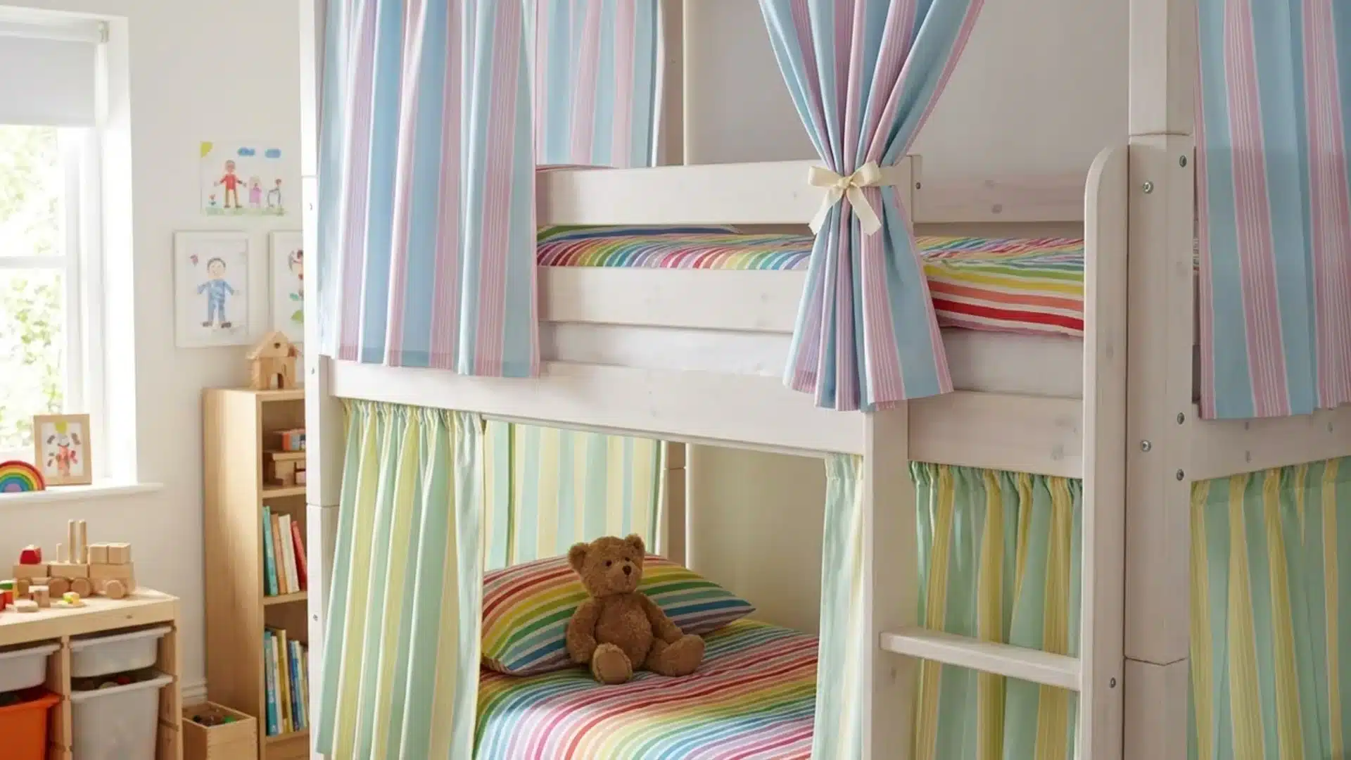 striped pastel curtains tied back on a white bunk bed with a rainbow striped quilt and teddy bear