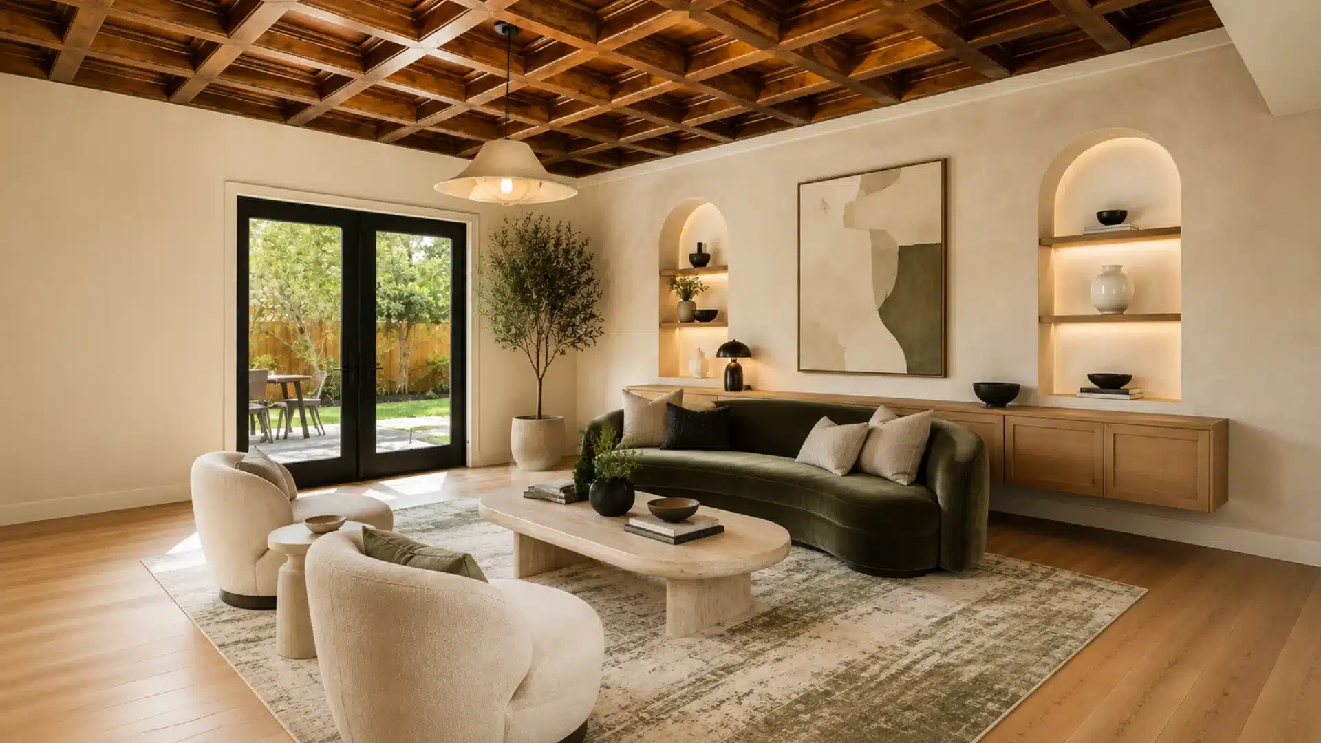 study featuring a rich stained all wood coffered ceiling