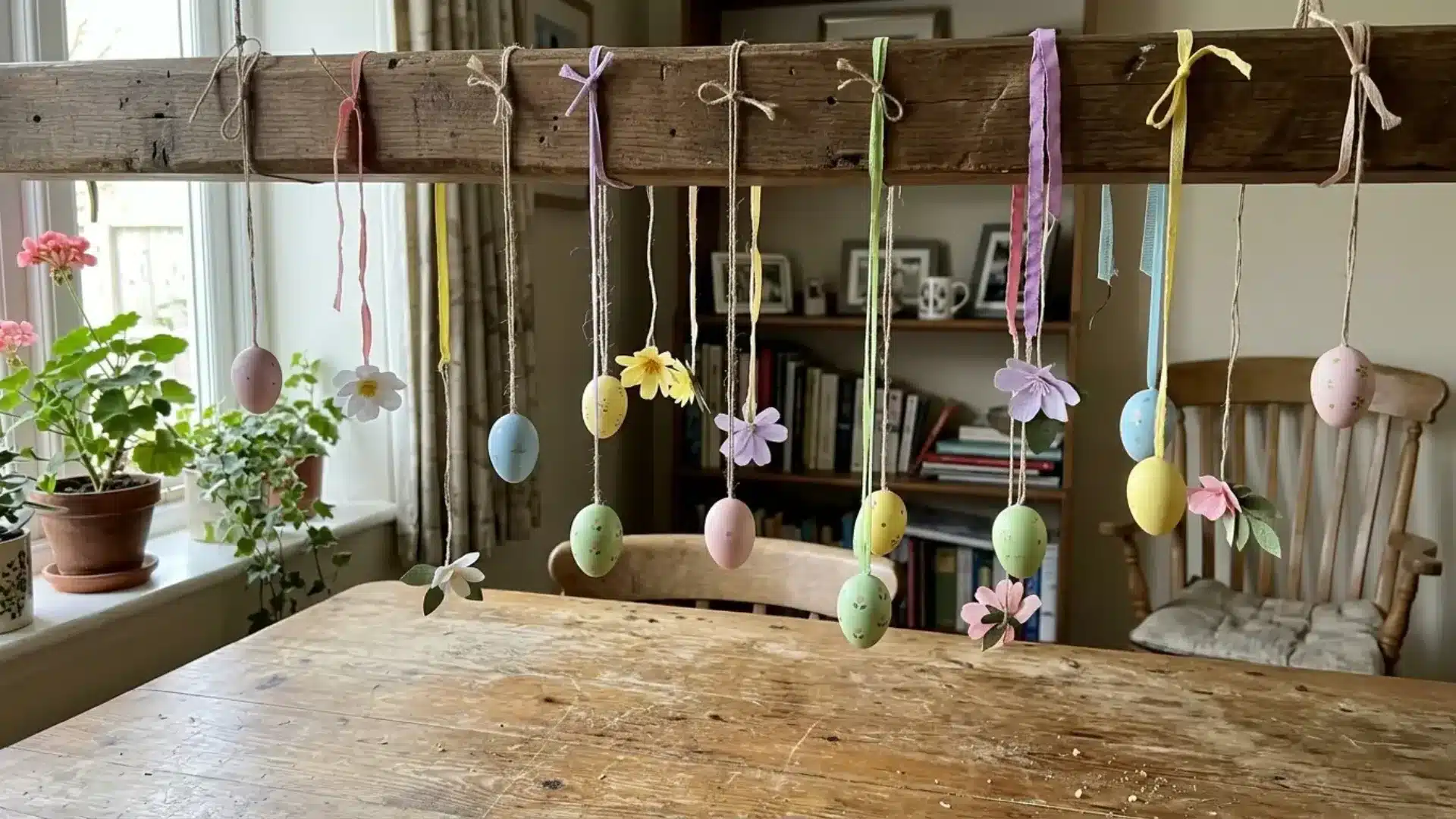 suspended easter tablescape with pastel eggs paper flowers and ribbons hanging above a table
