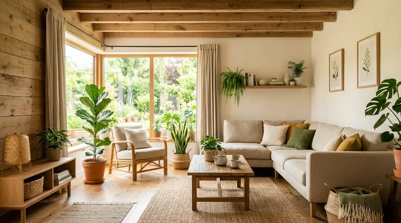 a well-decorated living room showcasing sustainable interior design with a couch, a wooden table, and vibrant green plants