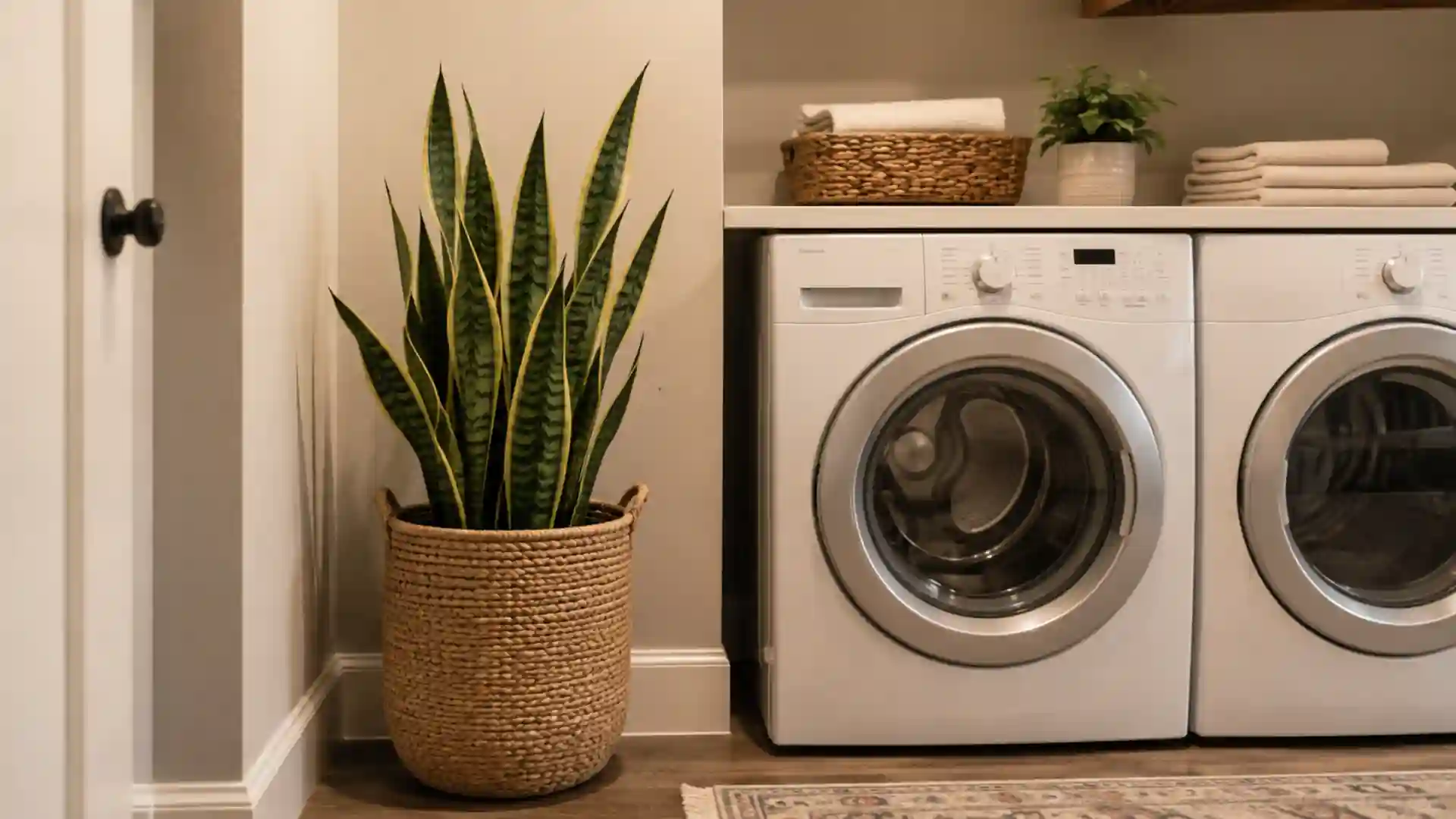 tall snake plant in a woven basket planter positioned beside a front load washer and dryer