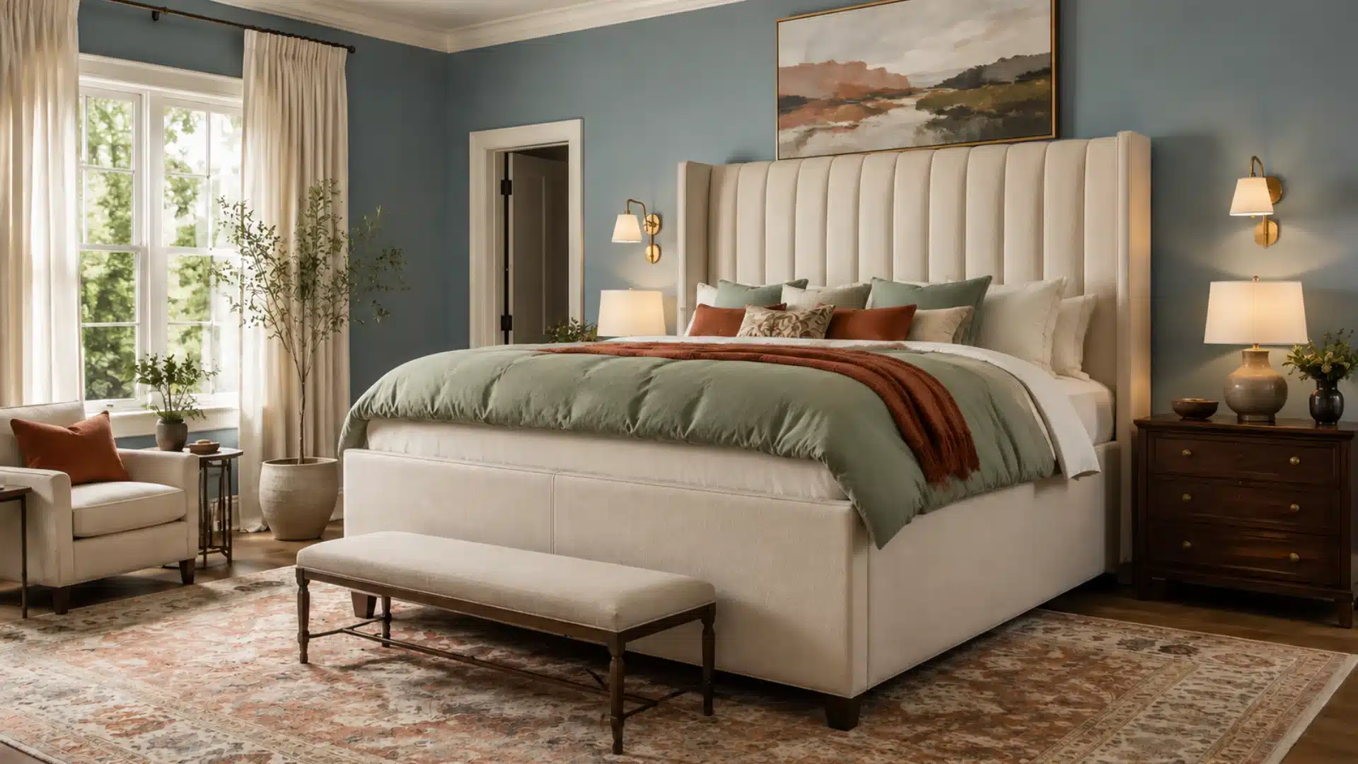 tall upholstered bed with high nightstand matching thick mattress height in bedroom