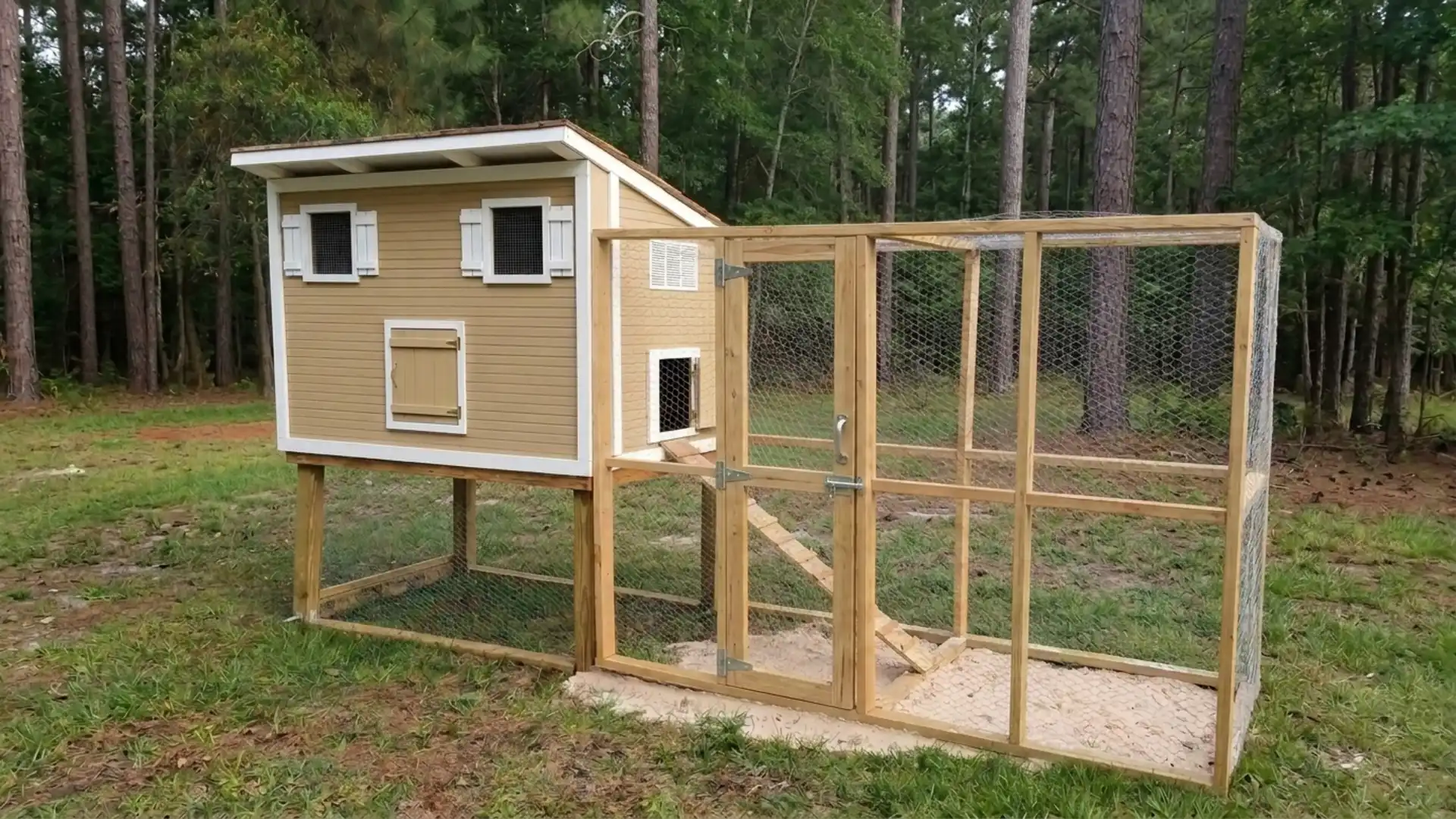 tan elevated chicken coop raised on legs with a wire run below and beside it near a forest clearings