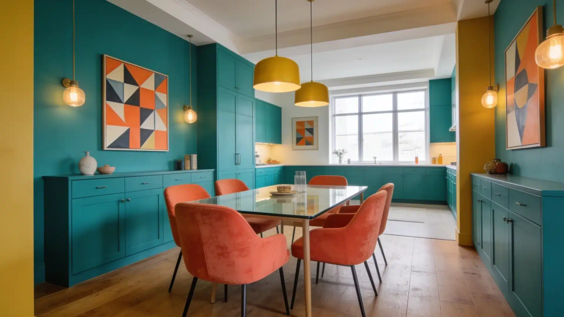 teal dining room with coral chairs, mustard lighting, cabinetry, and geometric artwork