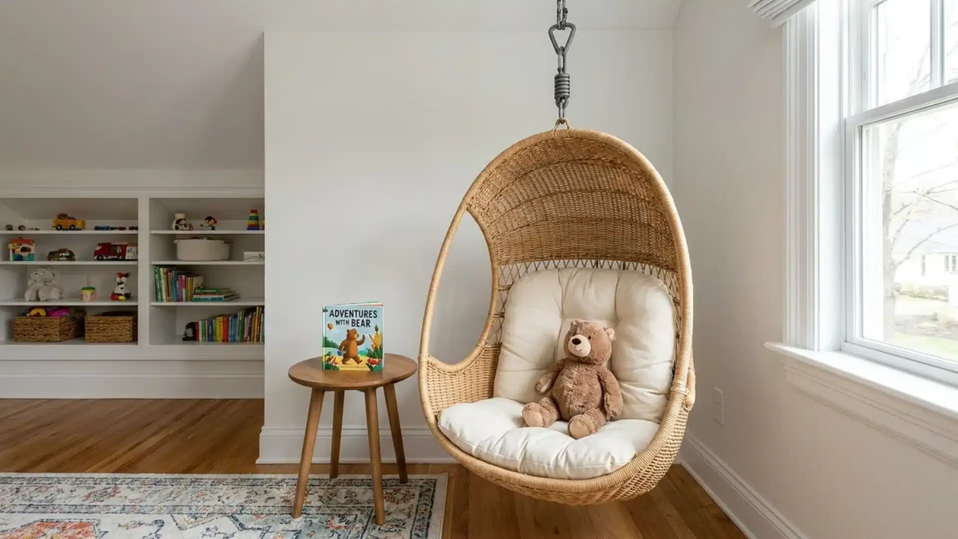 teddy bear sitting inside a woven rattan hanging egg chair beside a small wooden side table