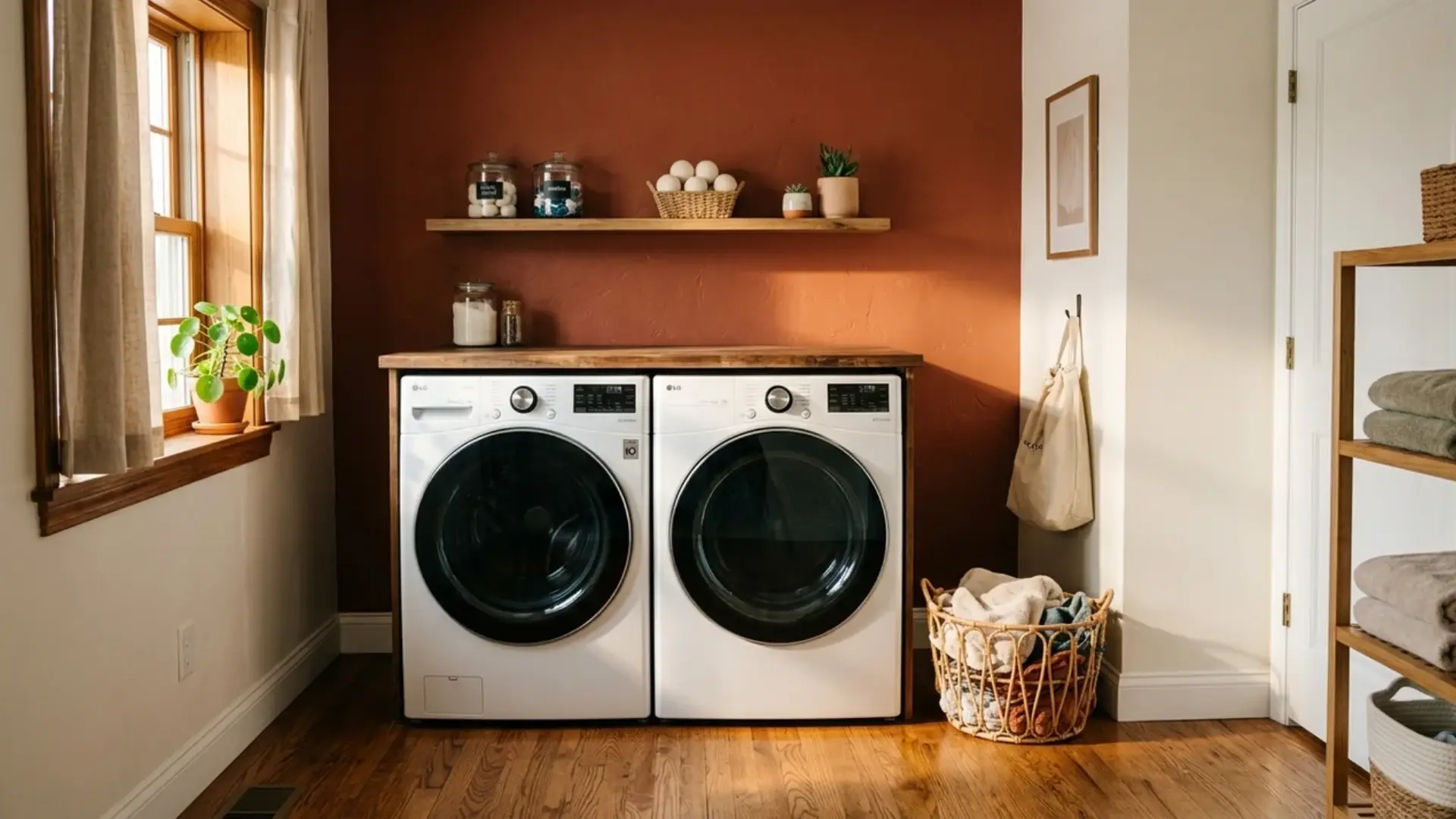terracotta accent wall behind white washer and dryer in a bright laundry room with a shelf