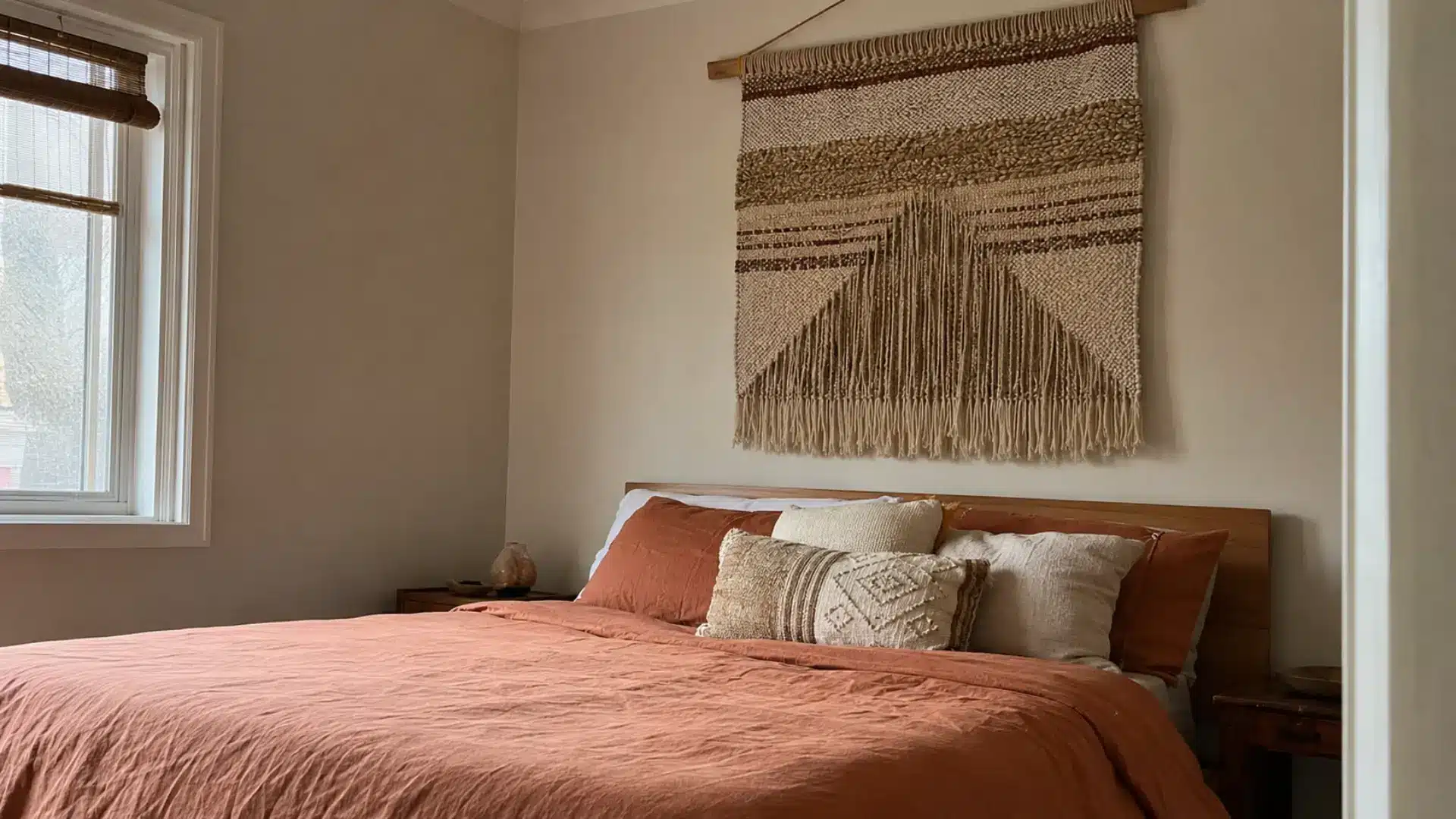 terracotta bedding with woven wall hanging in a warm neutral bohemian bedroom
