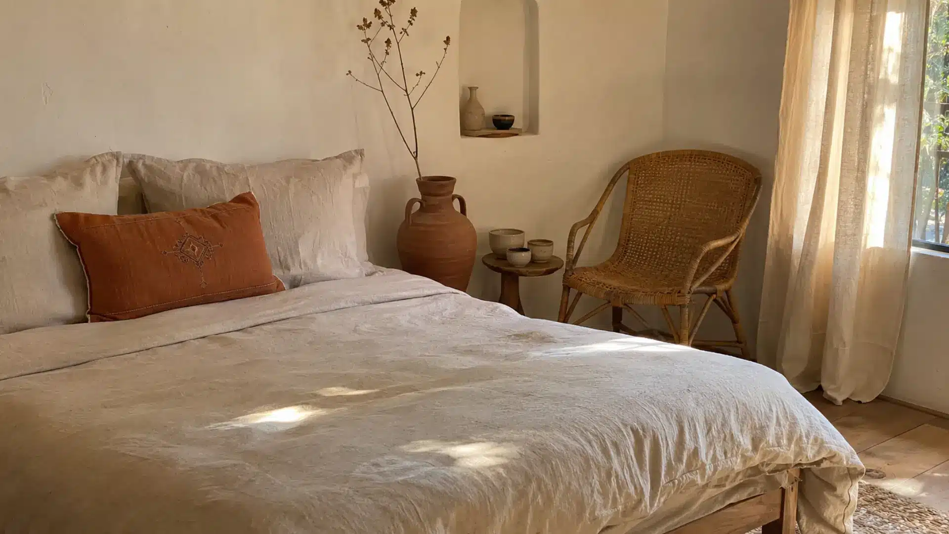 terracotta lumbar pillow on linen bedding with rattan chair and clay pottery accents