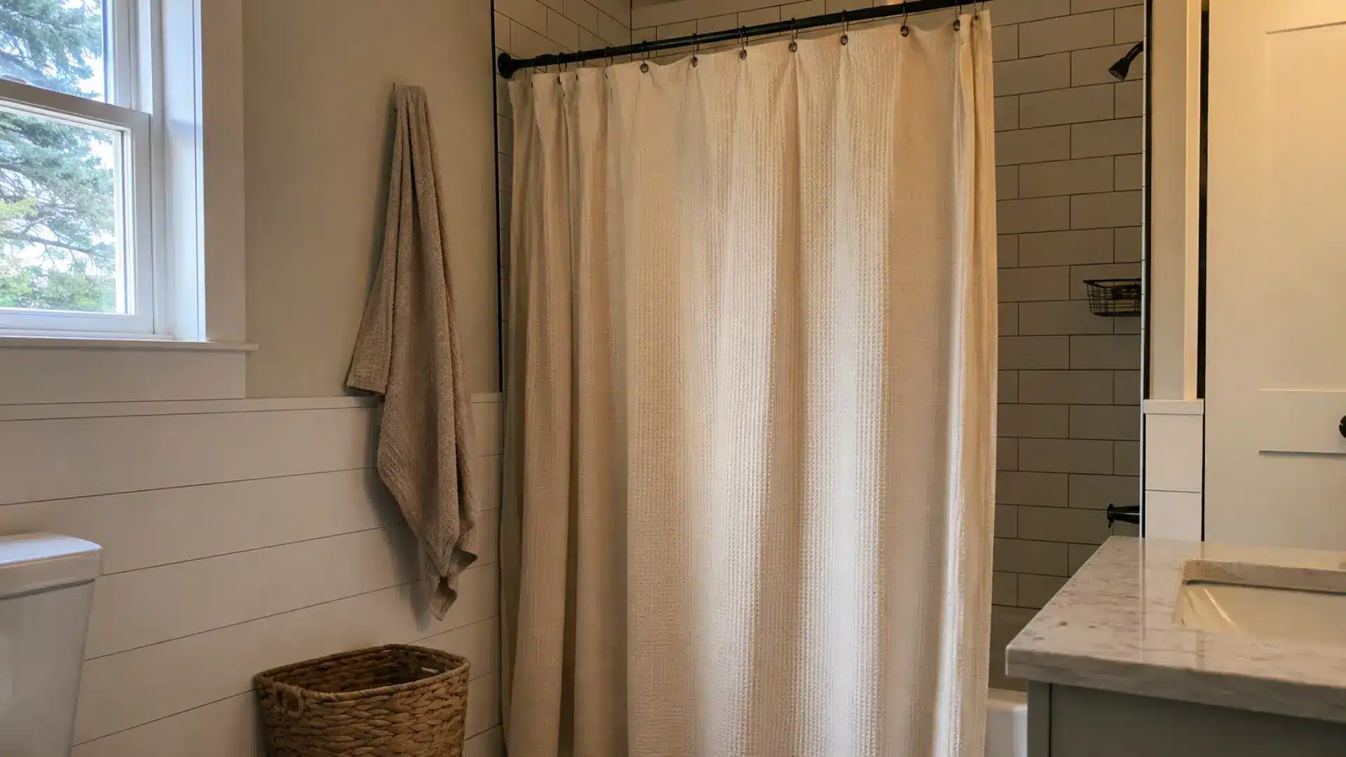 textured cream shower curtain with shiplap walls and black fixtures in a farmhouse bathroom