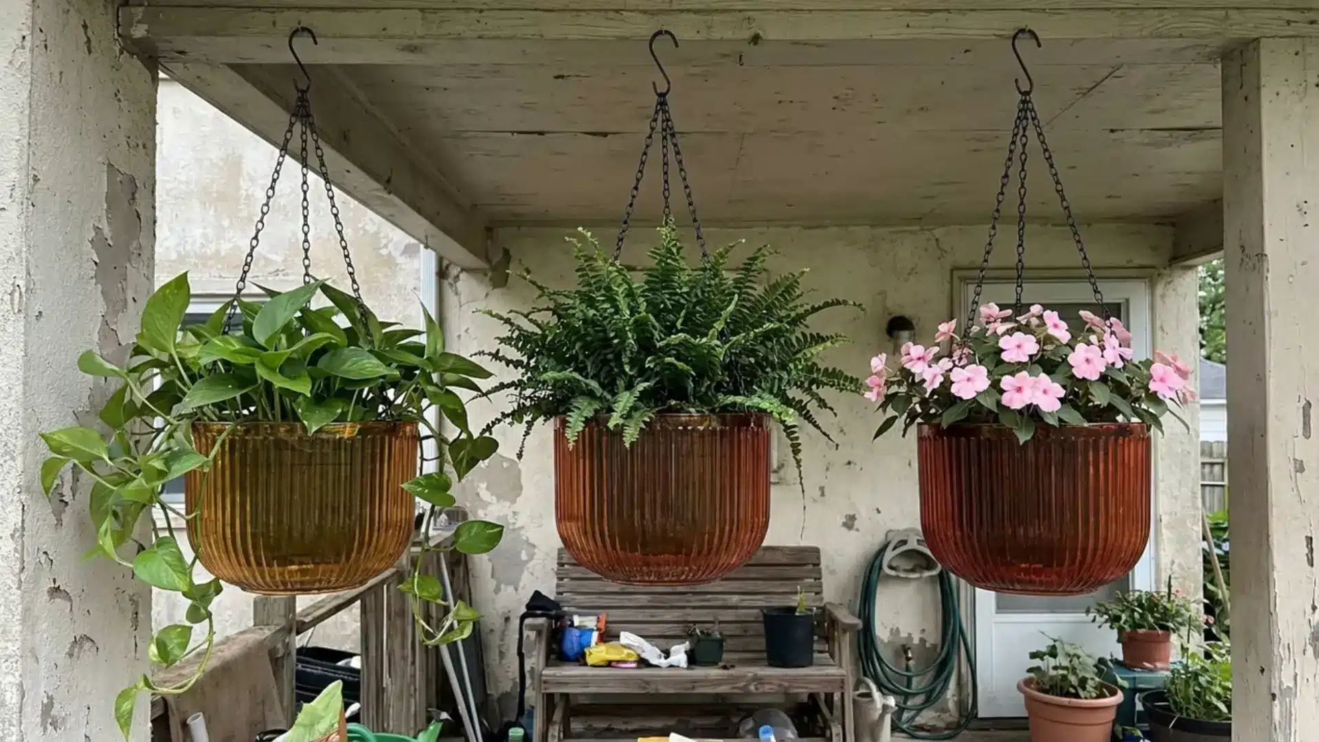 three amber fluted plastic hanging planters with trailing plants on a porch