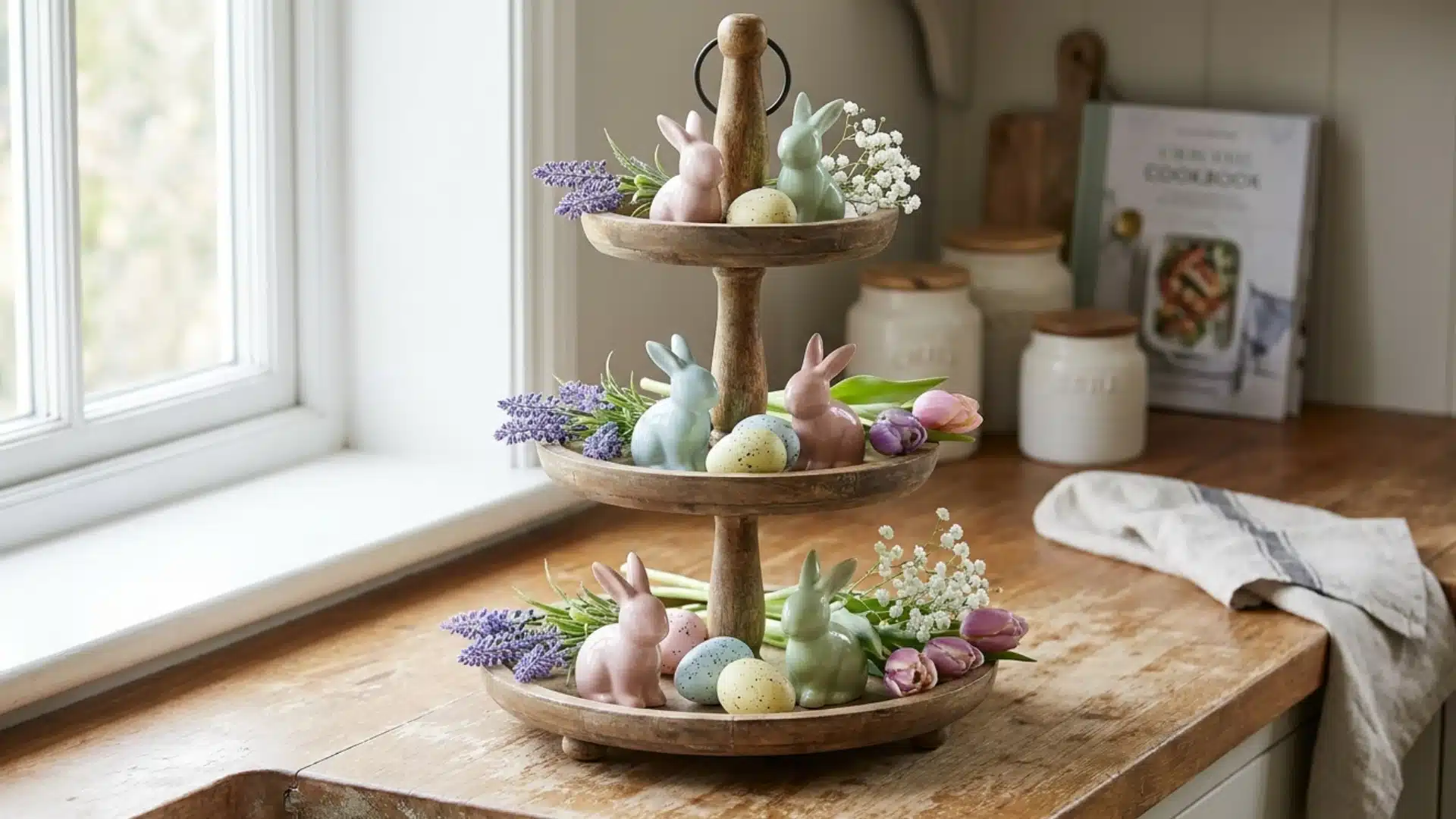 three tier serving stand styled with miniature bunnies and easter eggs