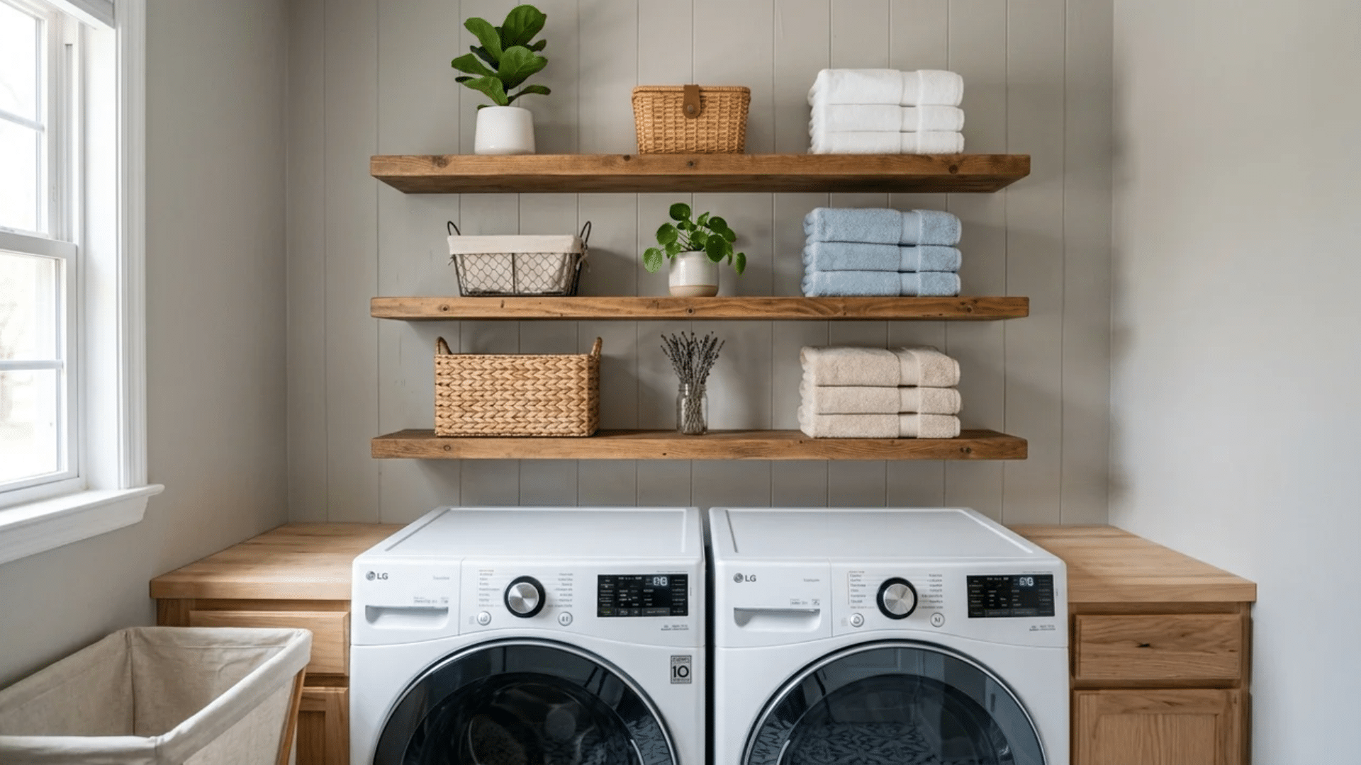 three wood shelves above a washer and dryer holding folded towels baskets and a small plant
