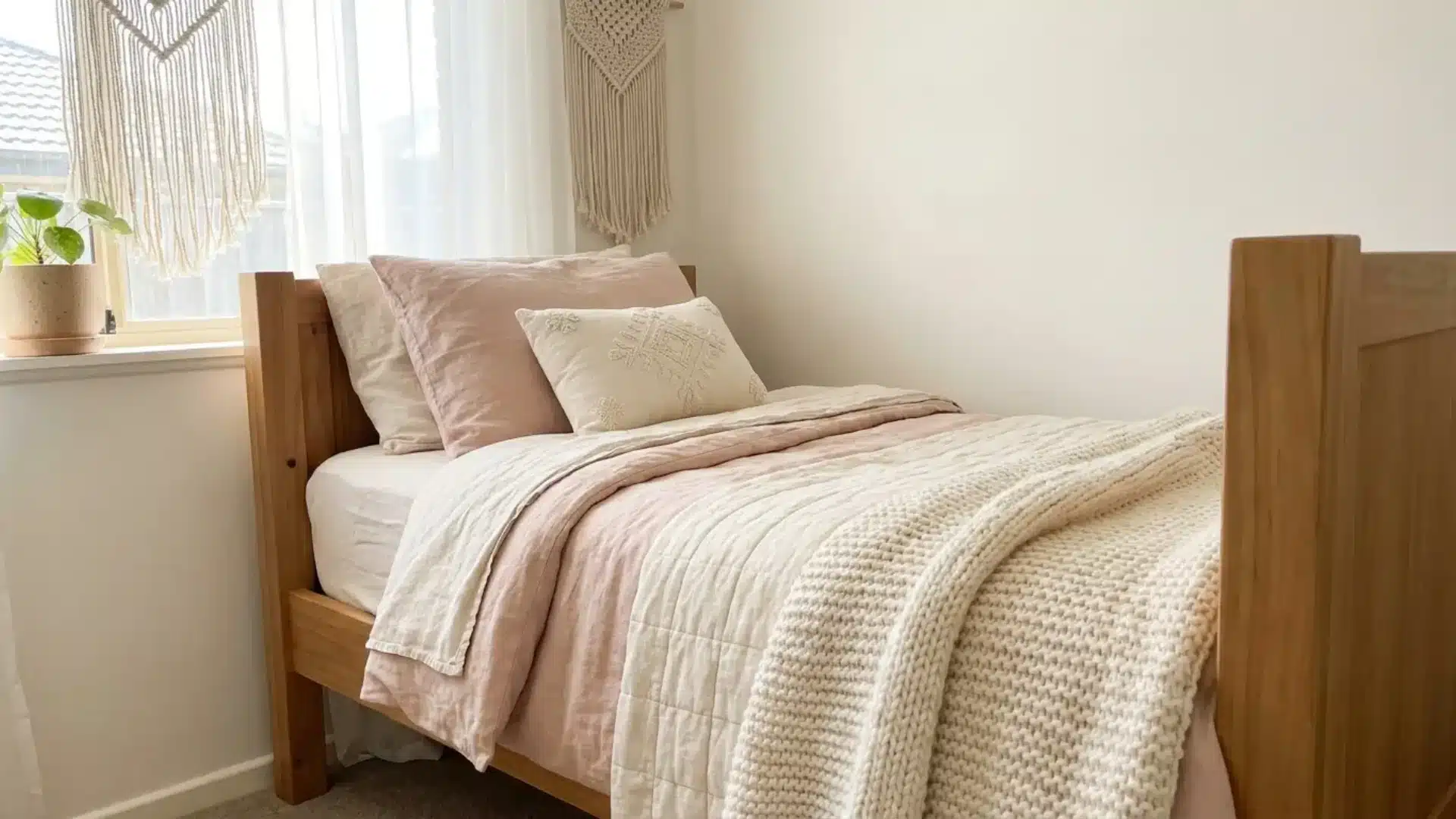 toddler bed with fresh blush pink and cream layered bedding and cozy knit throw blanket