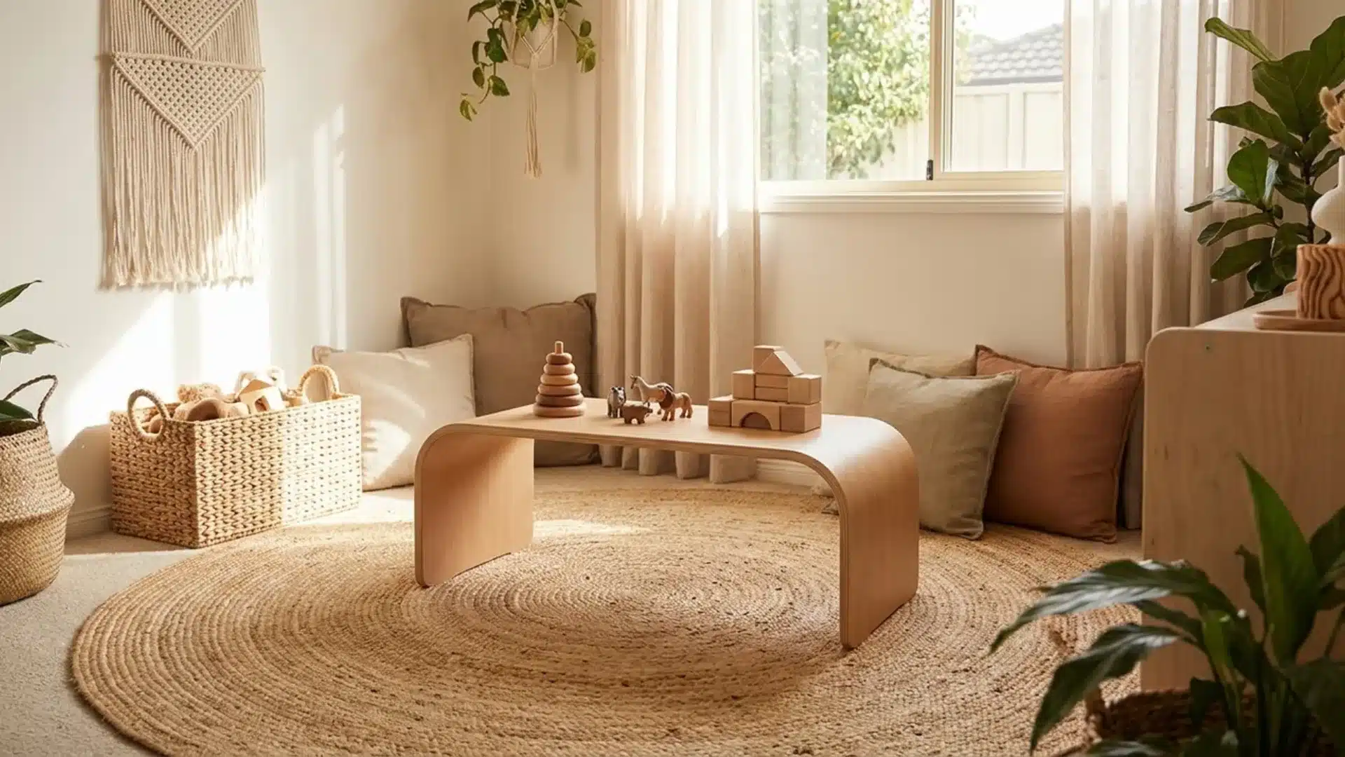 toddler play corner with low wooden activity table wicker basket and soft floor cushions