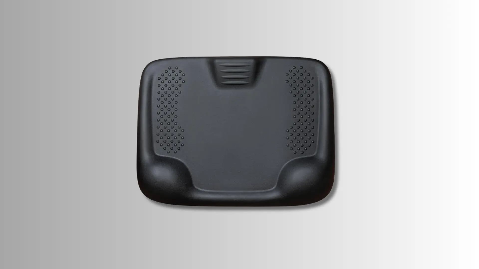 top-down view of rectangular, black ergonomic standing desk mat with grip texture