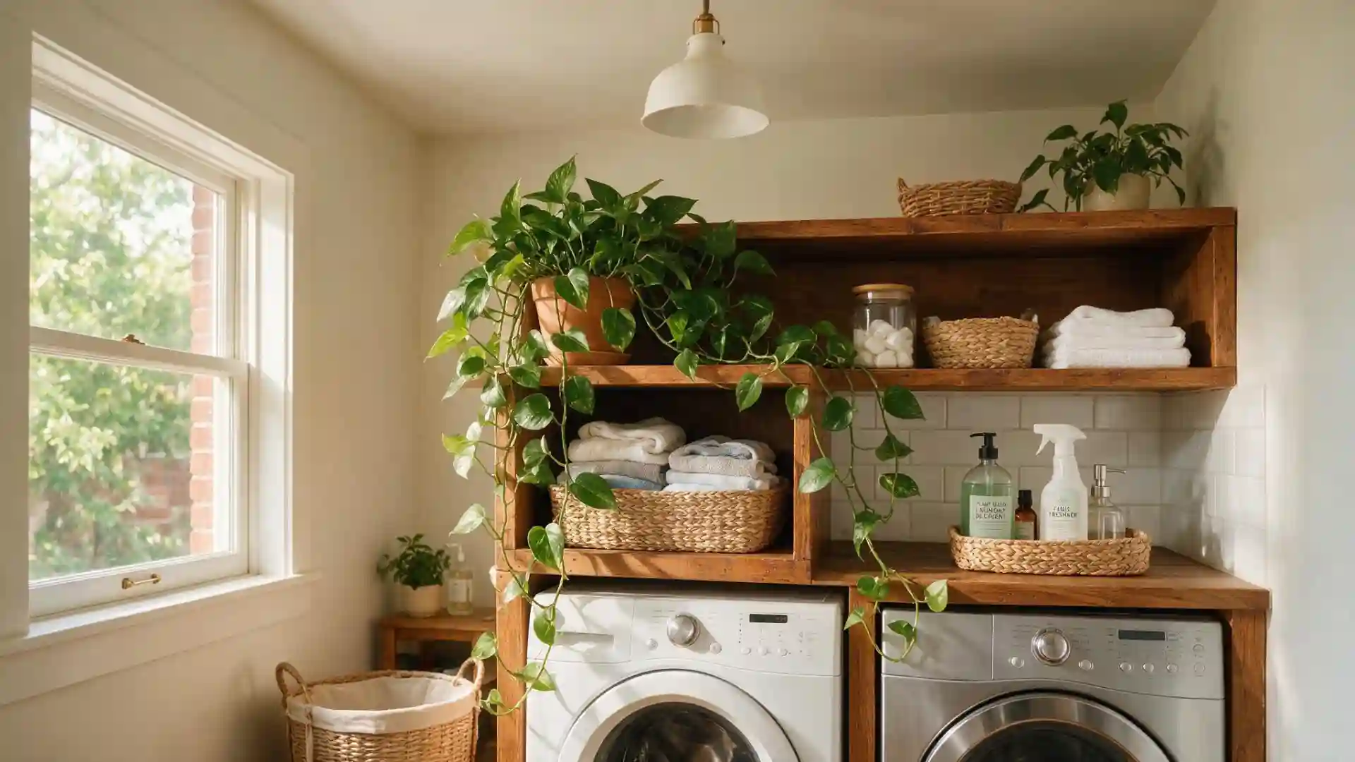 trailing pothos plants draped over open wood shelving above a stacked washer and dryer