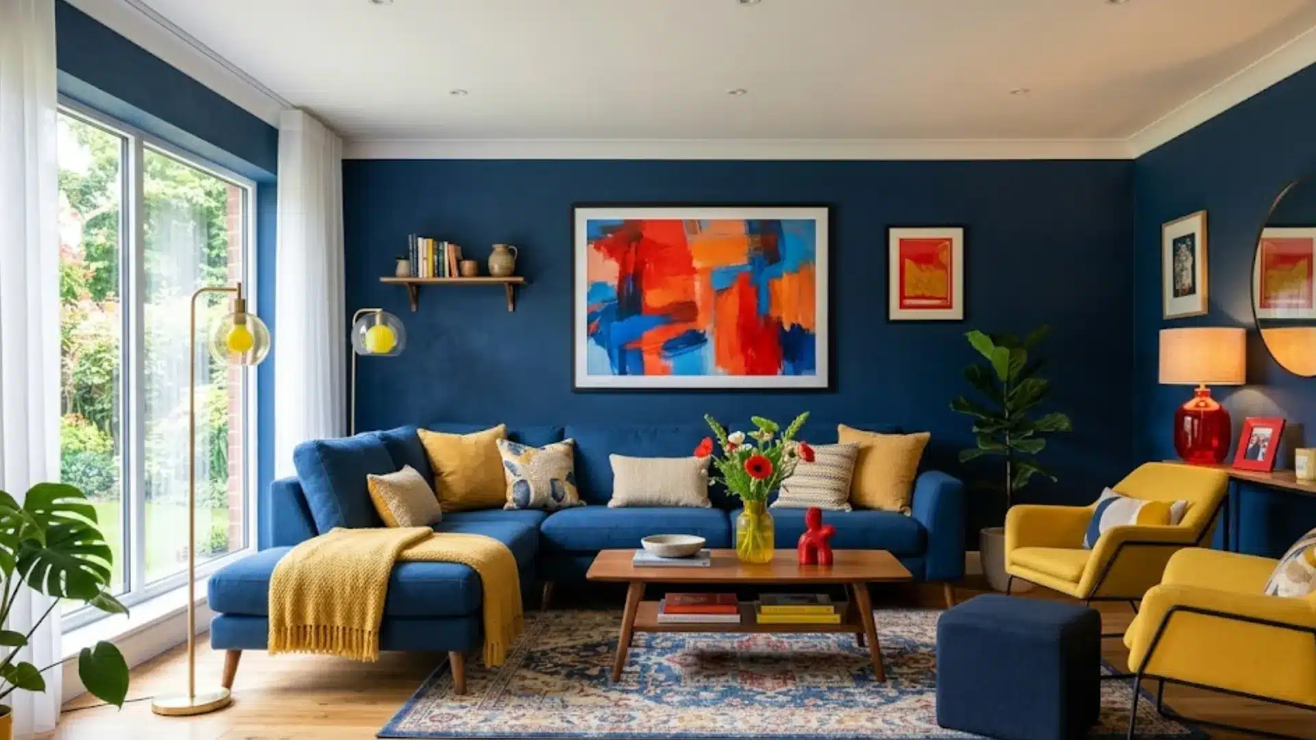 blue, yellow, and red living room with a navy sofa, yellow chairs, colorful artwork, plants, and natural light