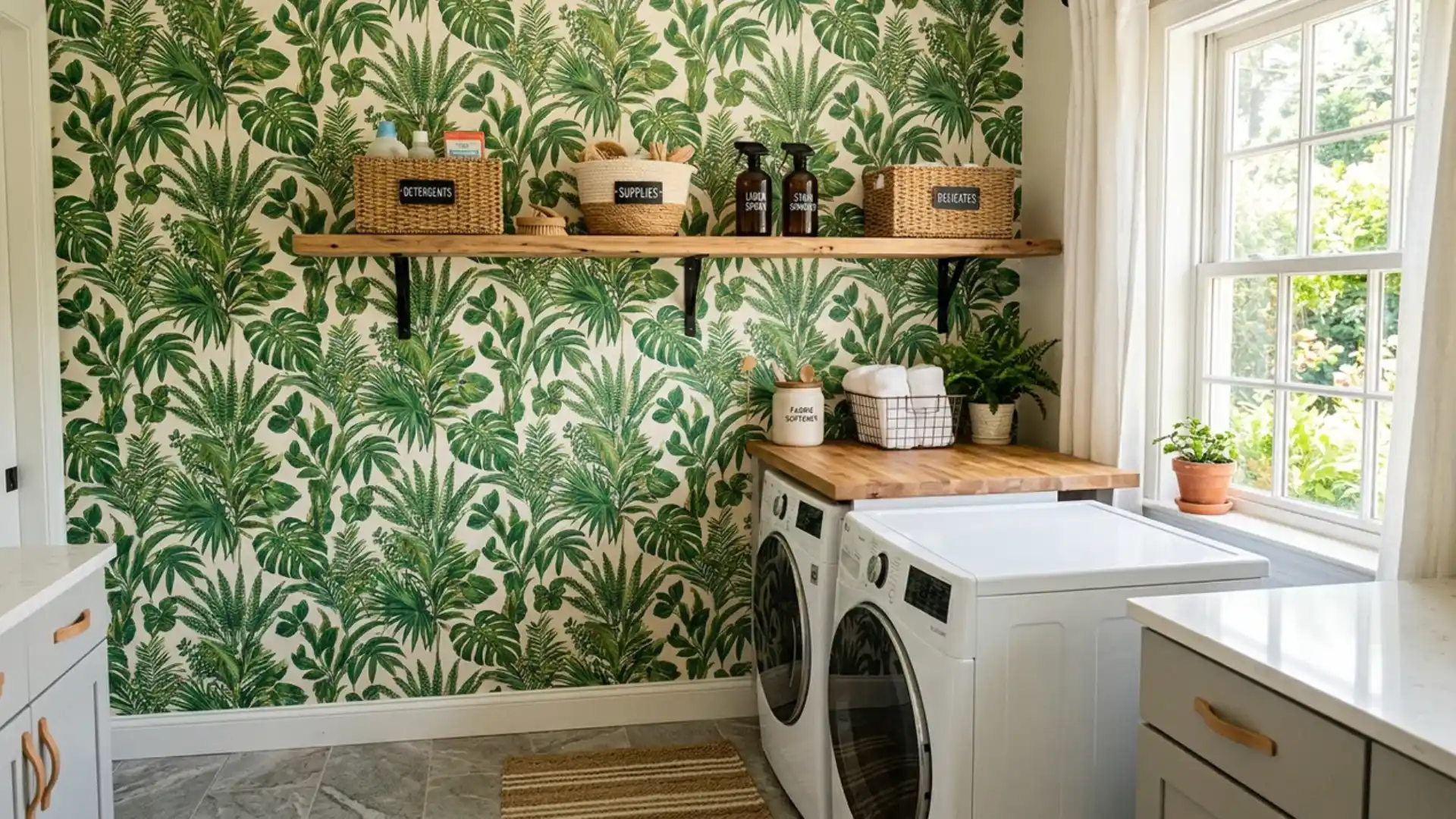 tropical leaf wallpaper behind a wood shelf with labeled baskets above a stacked washer dryer