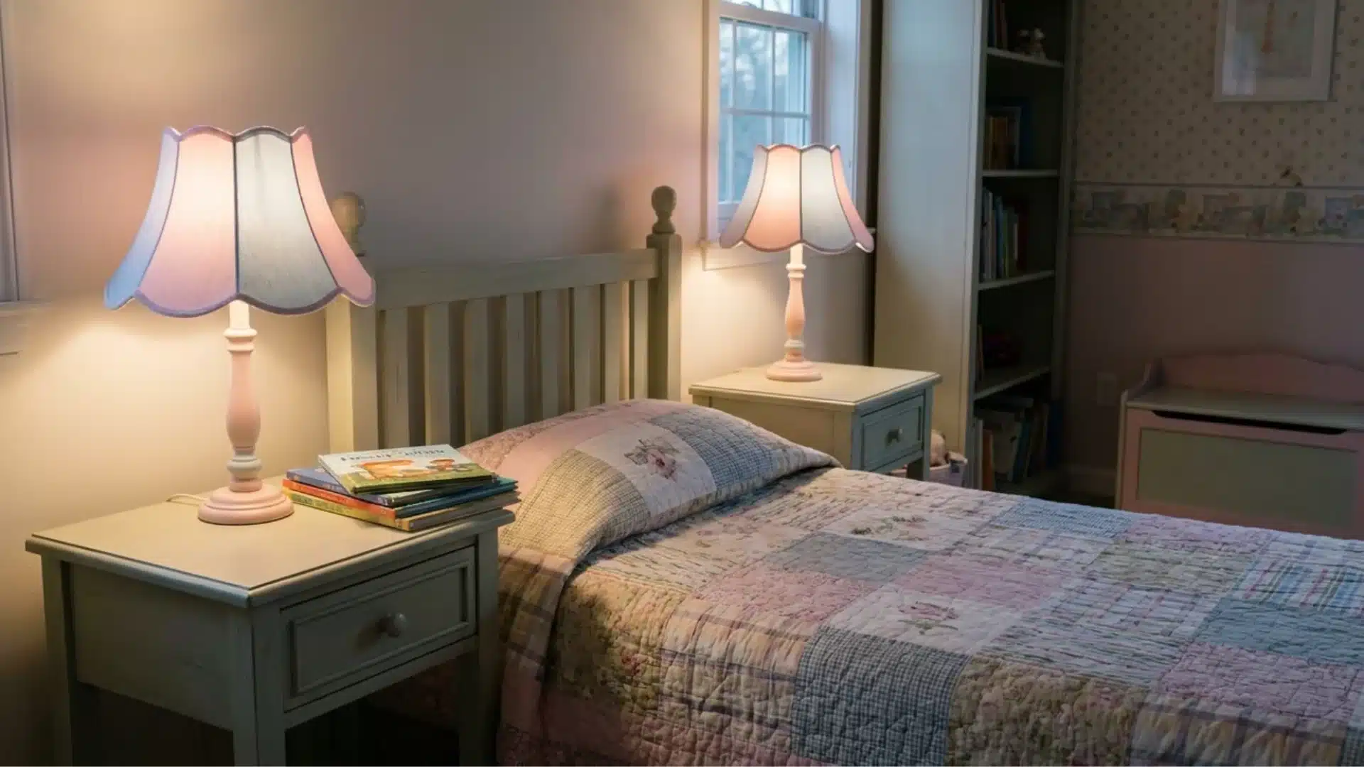 two matching scalloped pink lamps glowing on nightstands beside a patchwork quilt bed