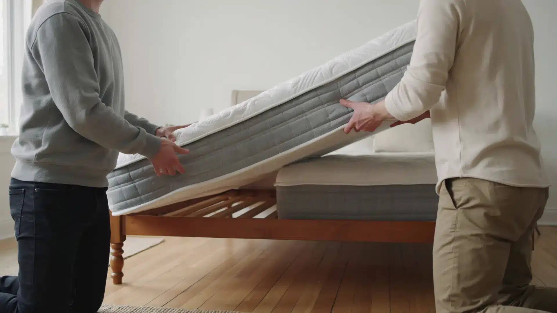 two people lifting a mattress to inspect the wooden bed slats and frame