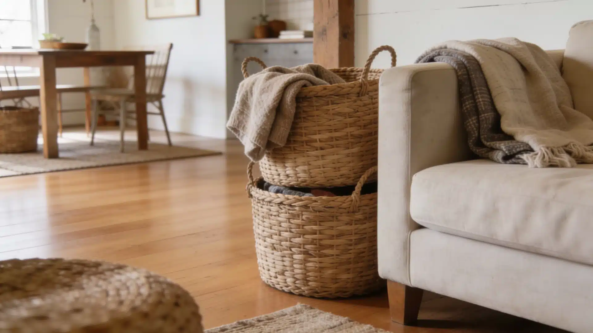 two stacked woven baskets holding folded blankets beside a beige sofa in a modern farmhouse living room