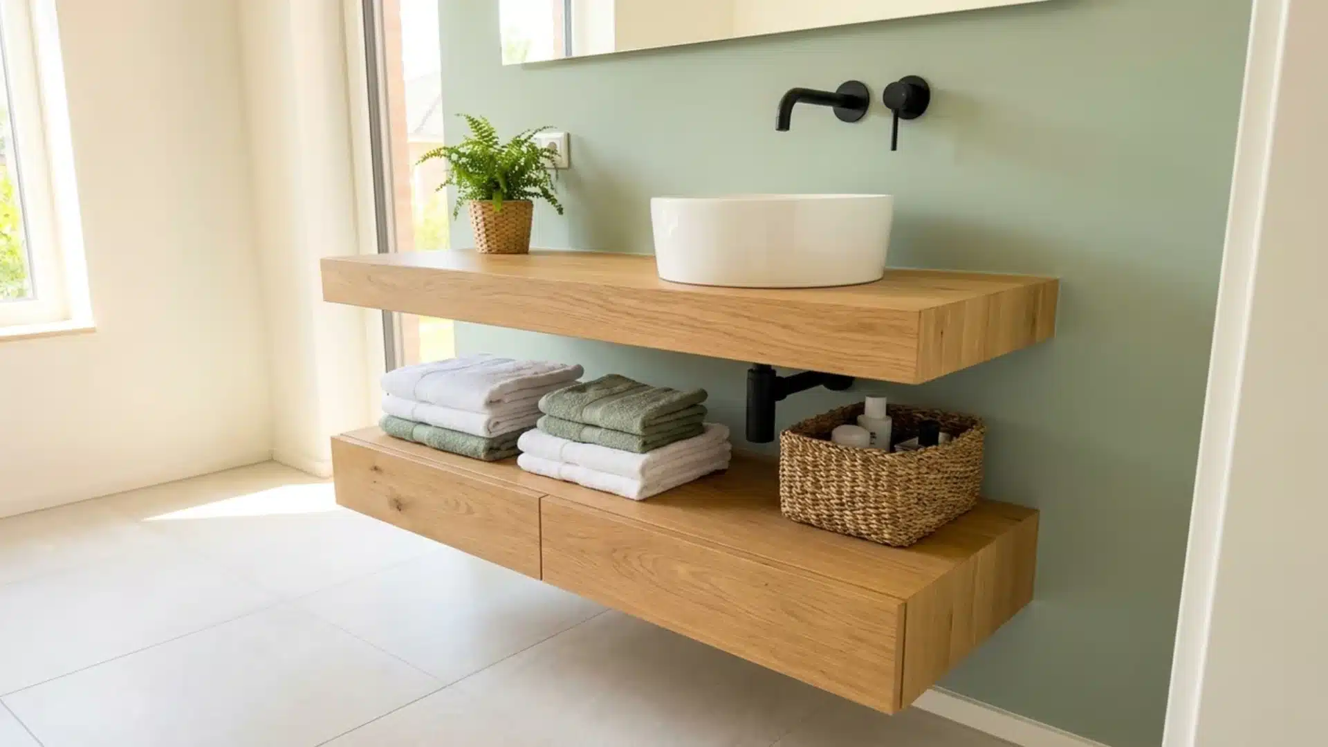 two tier floating wood vanity with round sink folded towels and woven storage basket