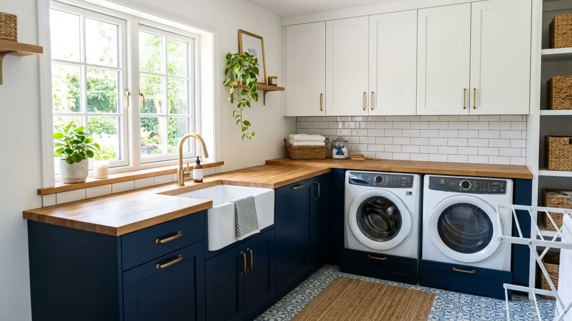 two-tone laundry cabinets with white upper doors and navy blue lower doors