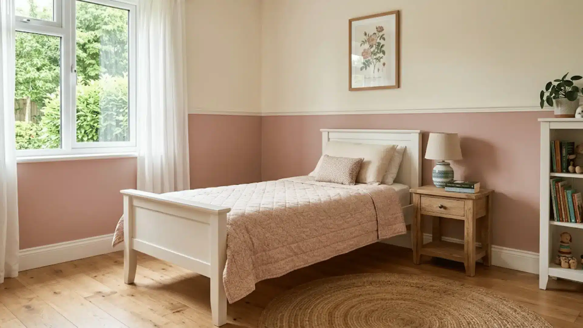 two-tone painted wall in blush and cream behind a girl's bed with chair rail line