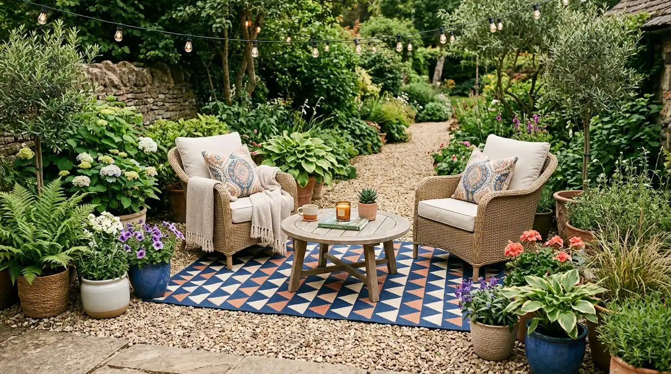 two wicker armchairs with patterned cushions face a coffee table on a rug in a lush garden with string lights