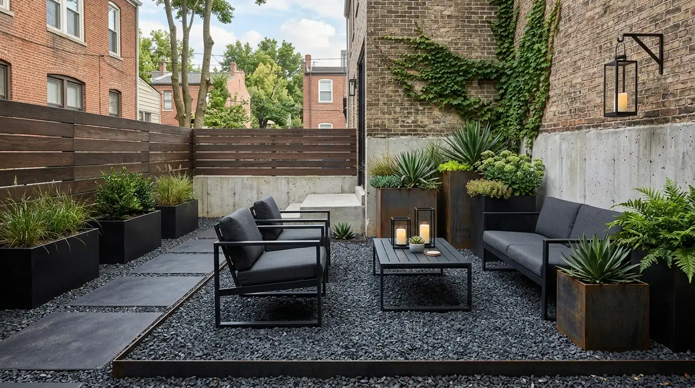 urban courtyard with black patio furniture, a table, potted succulents and ferns, gravel ground, brick walls, and wood fencing