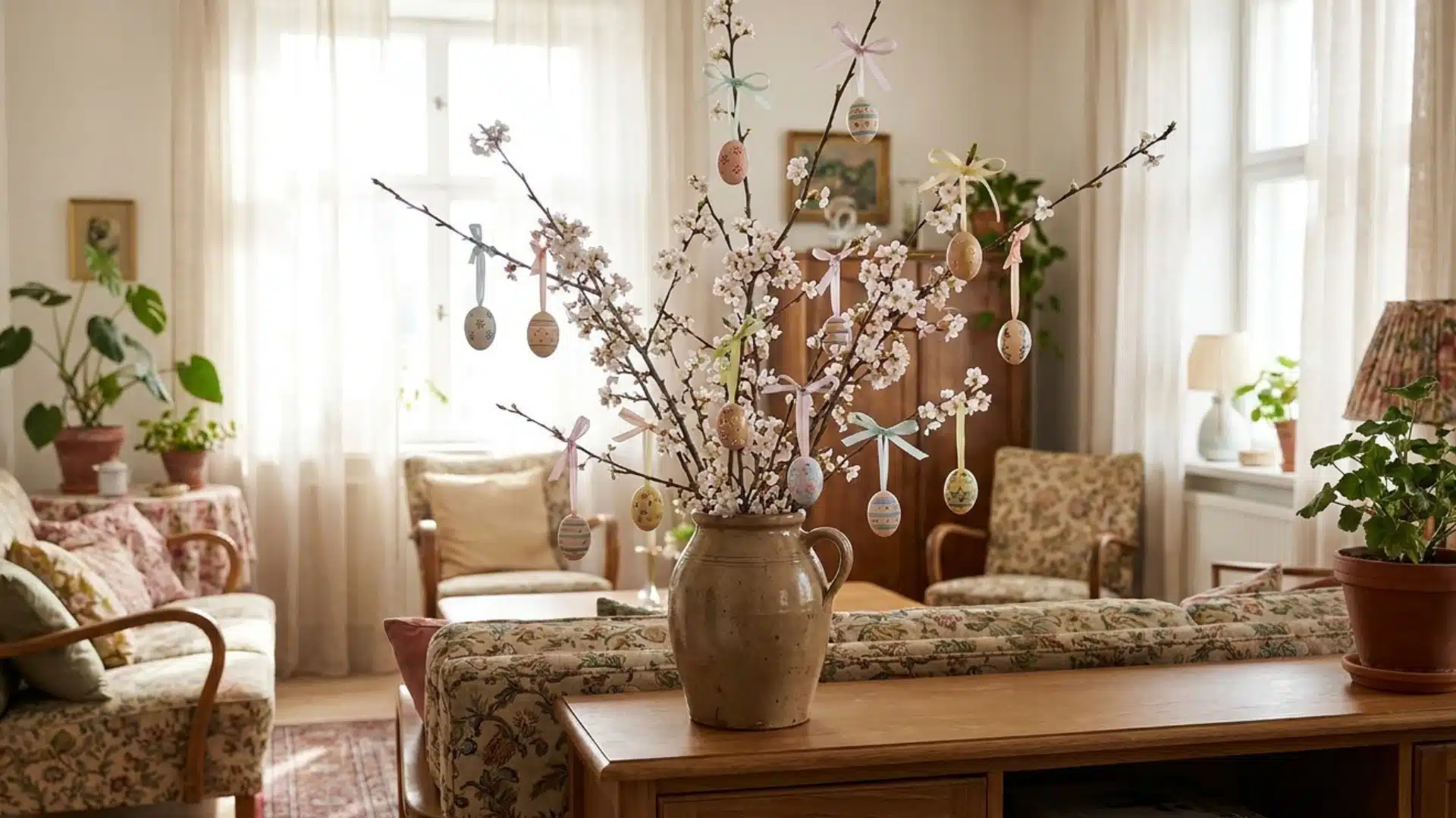vase of flowering branches decorated with painted eggs and ribbon