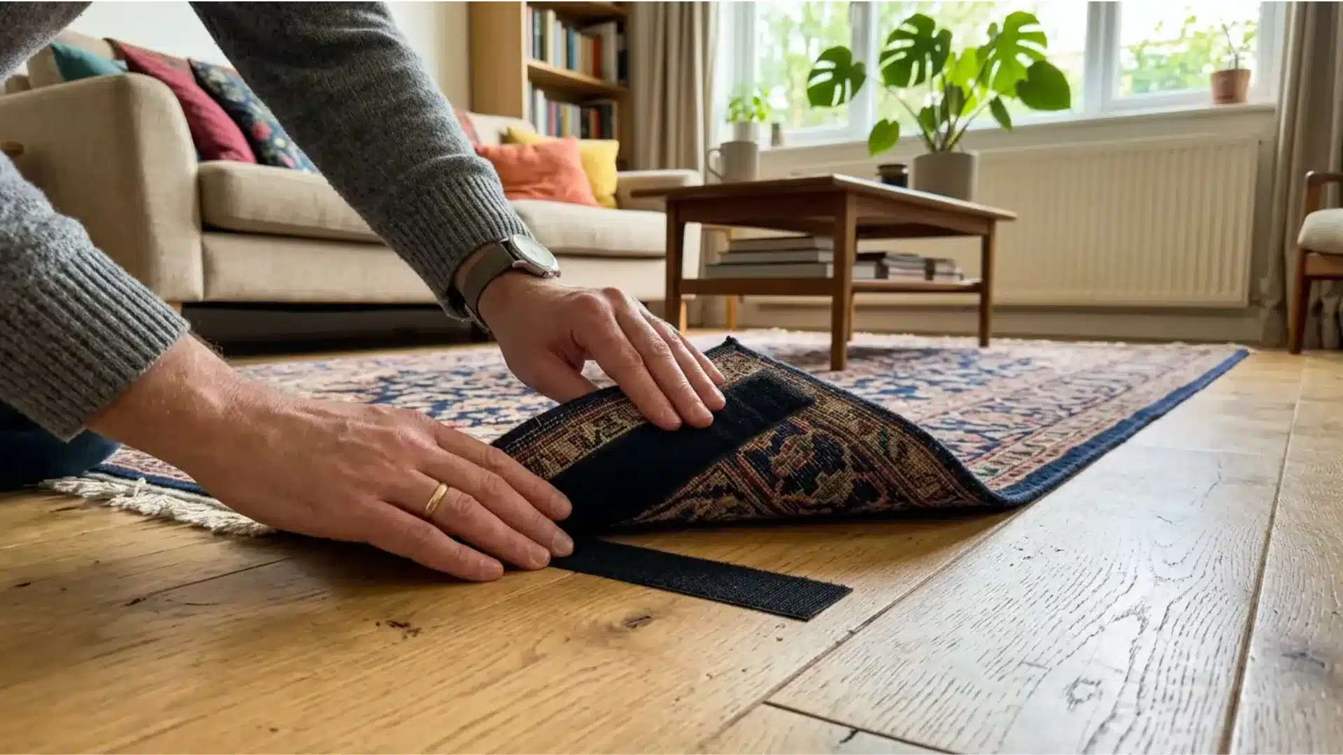 velcro strip pressed under lifted corner of patterned rug on wooden living room floor