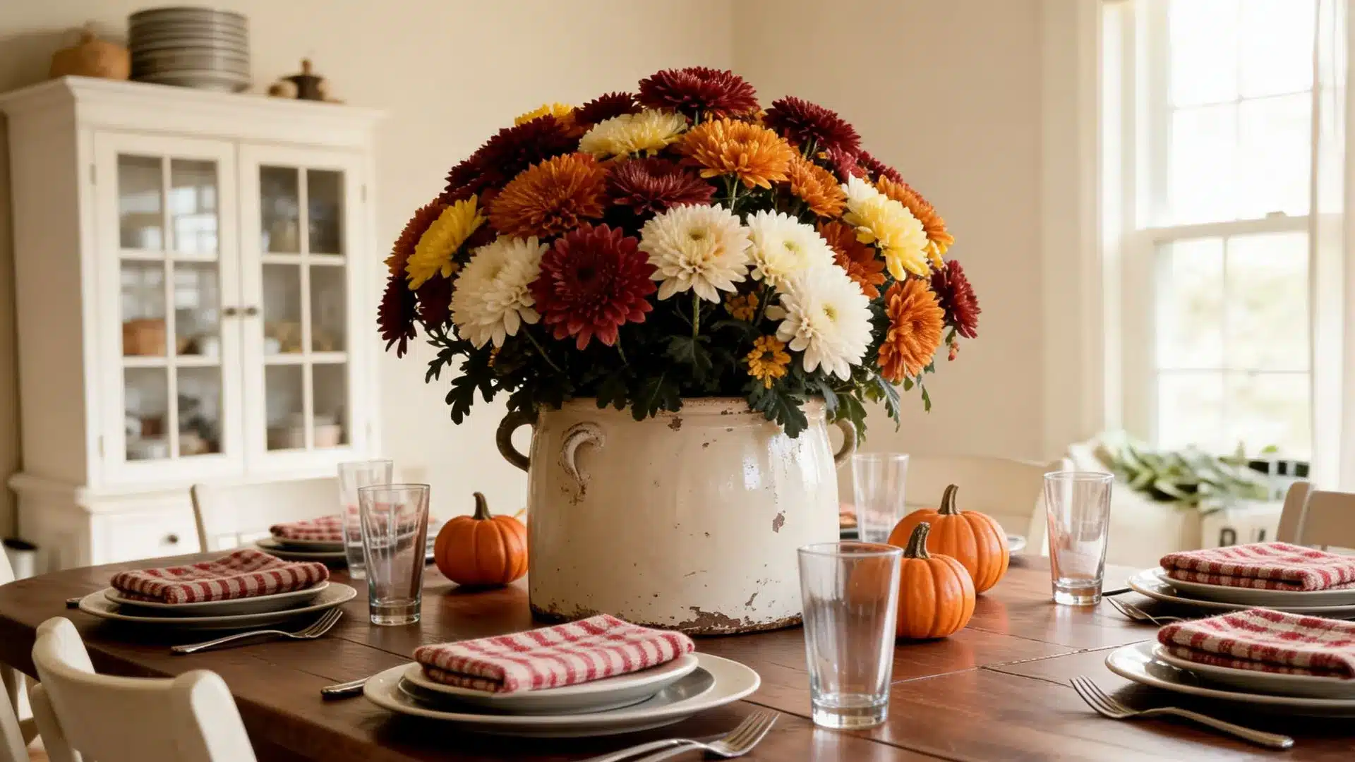 vintage crock filled with autumn mums beside mini pumpkins and checkered napkins on a wood table