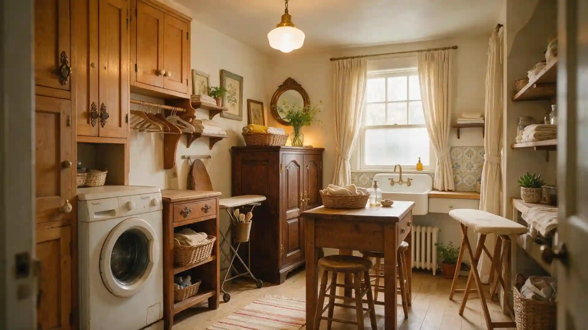vintage eclectic laundry room with an antique cabinet and a farmhouse style sink