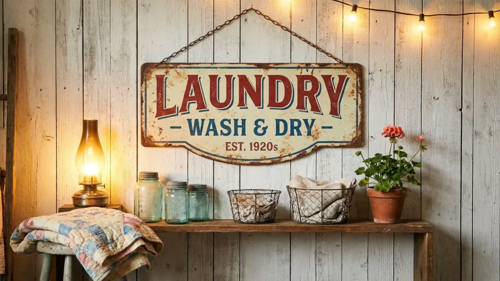 vintage laundry wash and dry sign hanging on a wood plank wall above mason jars and baskets