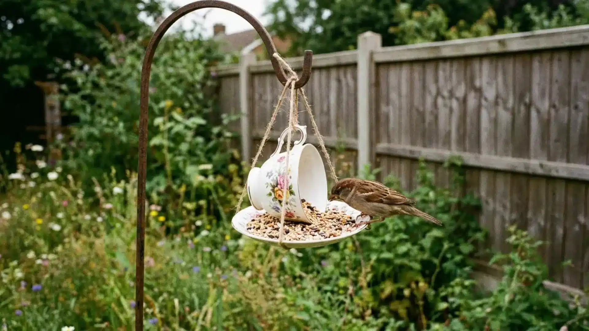 vintage teacup and saucer bird feeder filled with birdseed hanging from a garden hook
