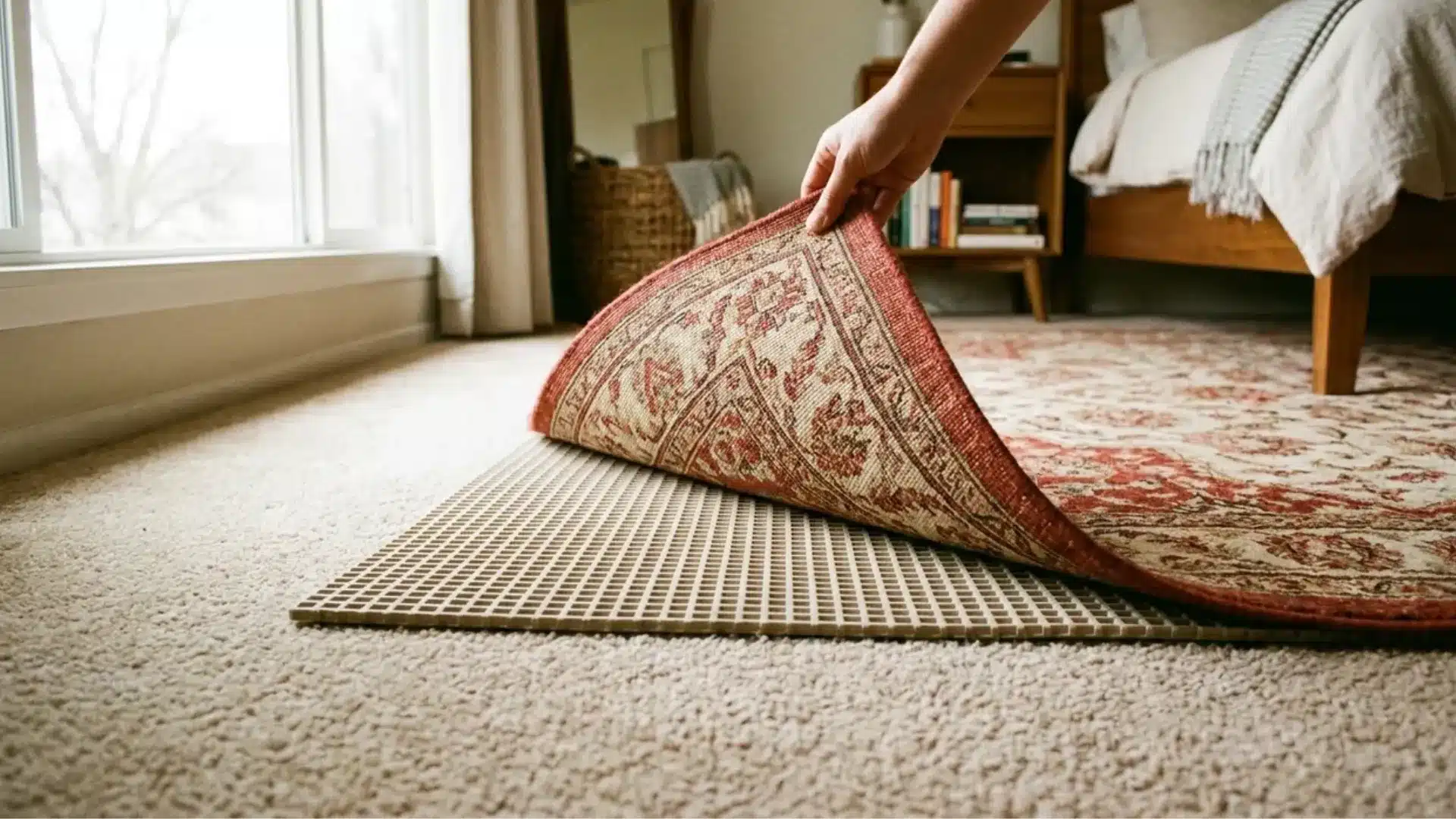 waffle textured rug pad placed under patterned rug on wall to wall carpet