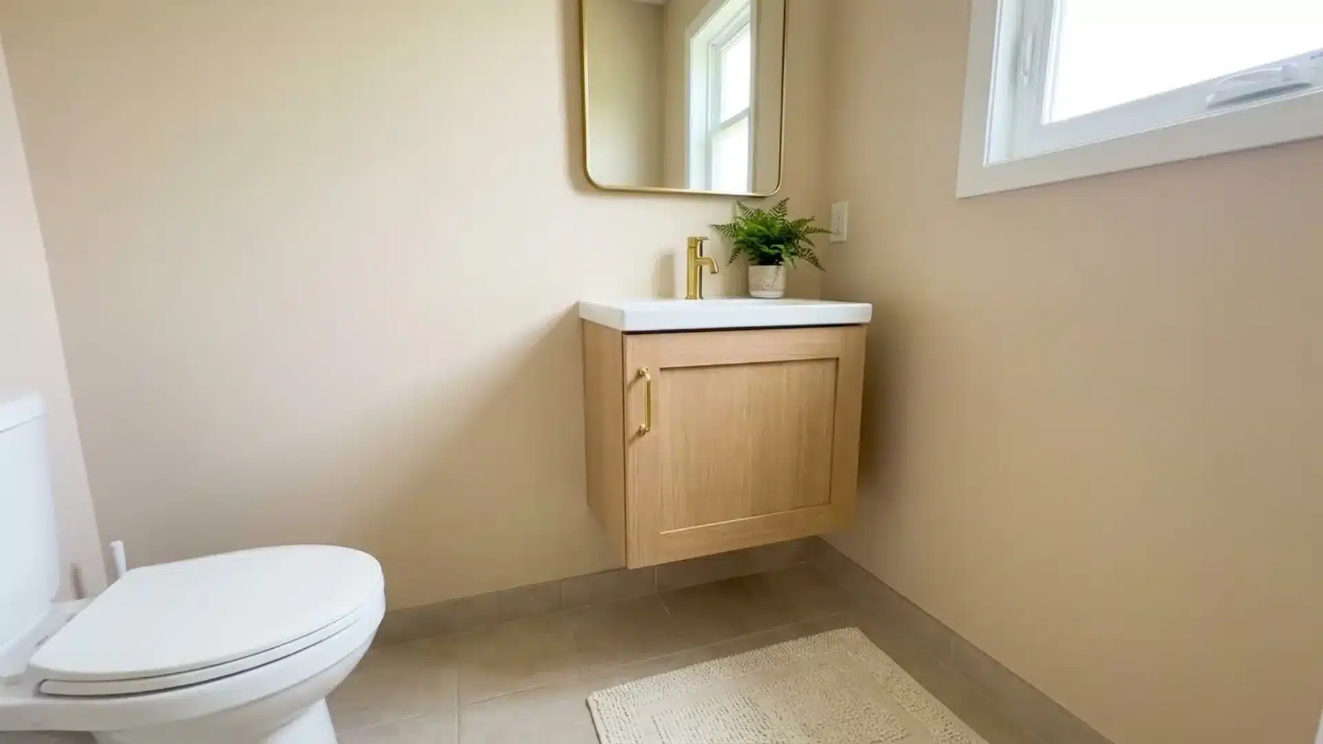 wall hung wood vanity with single door round sink gold faucet and potted fern near toilet