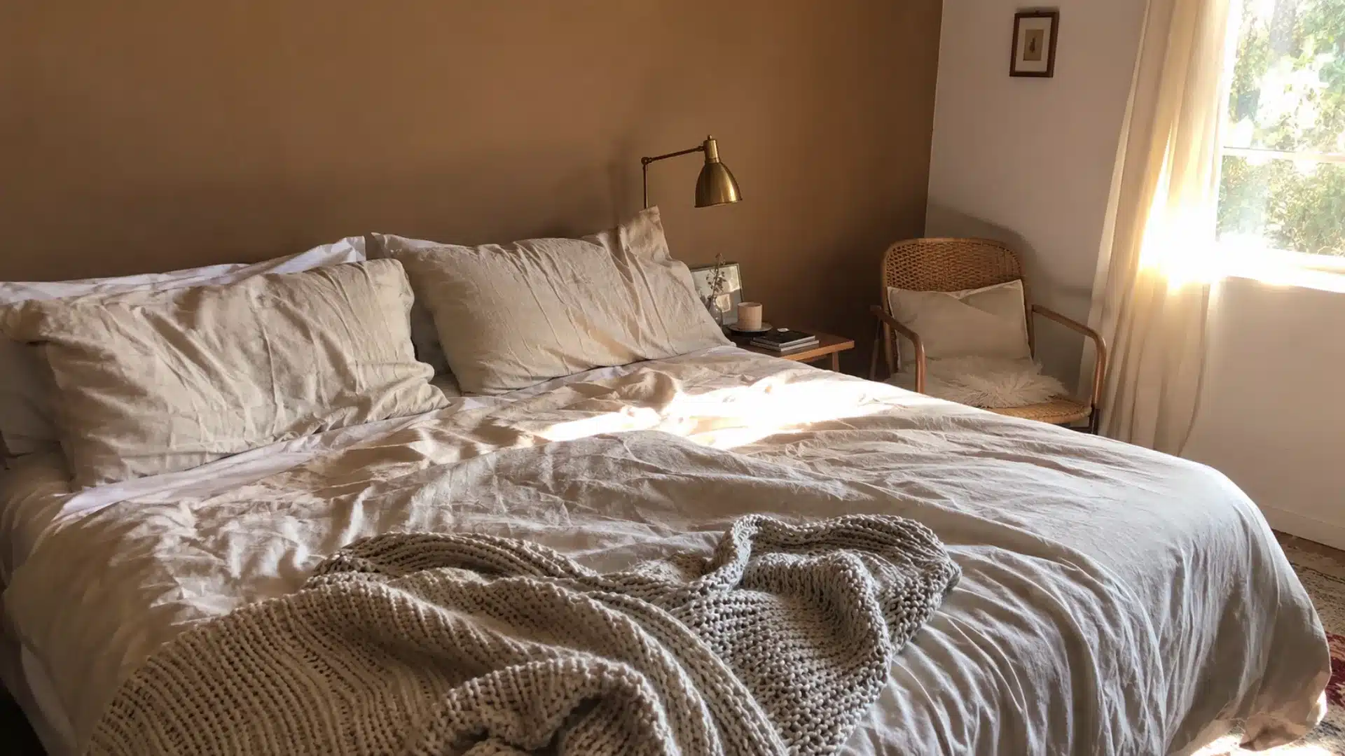 warm neutral bedroom with clay accent wall, brass sconce, and rattan accent chair