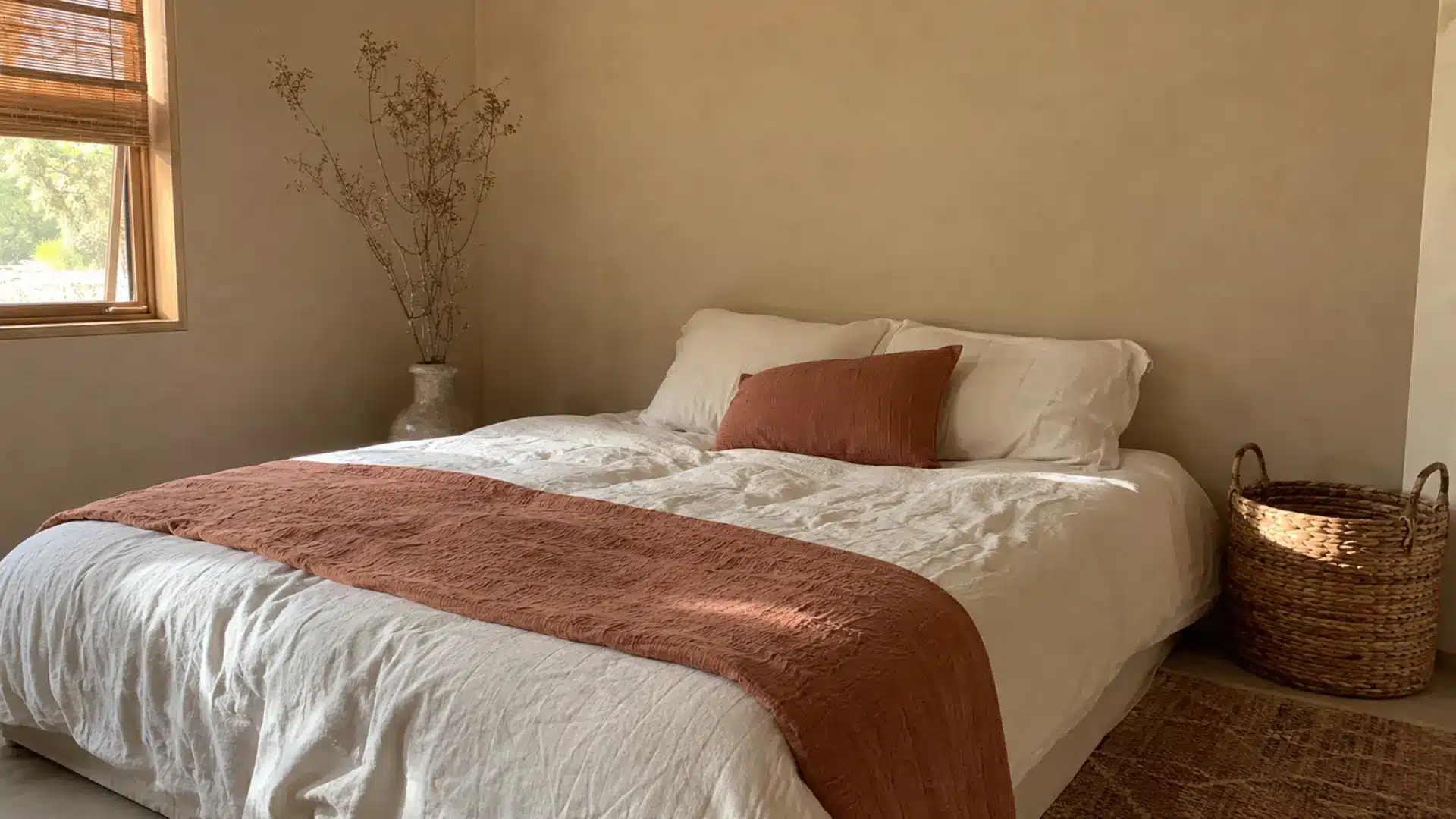 warm neutral bedroom with terracotta throw, dried branches, and woven basket